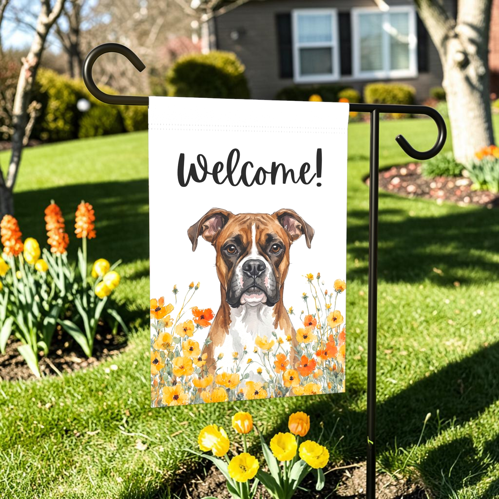 Yellow Poppies Boxer Welcome Garden Flag Double Sided 12x18 24x32 Outdoor