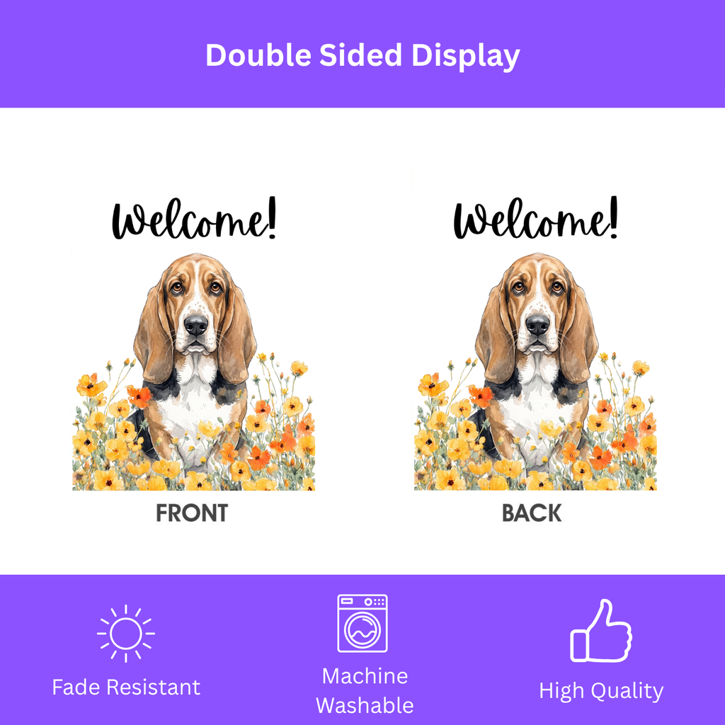 Yellow Poppies Basset Hound Welcome Garden Flag Double Sided 12x18 24x32 Outdoor