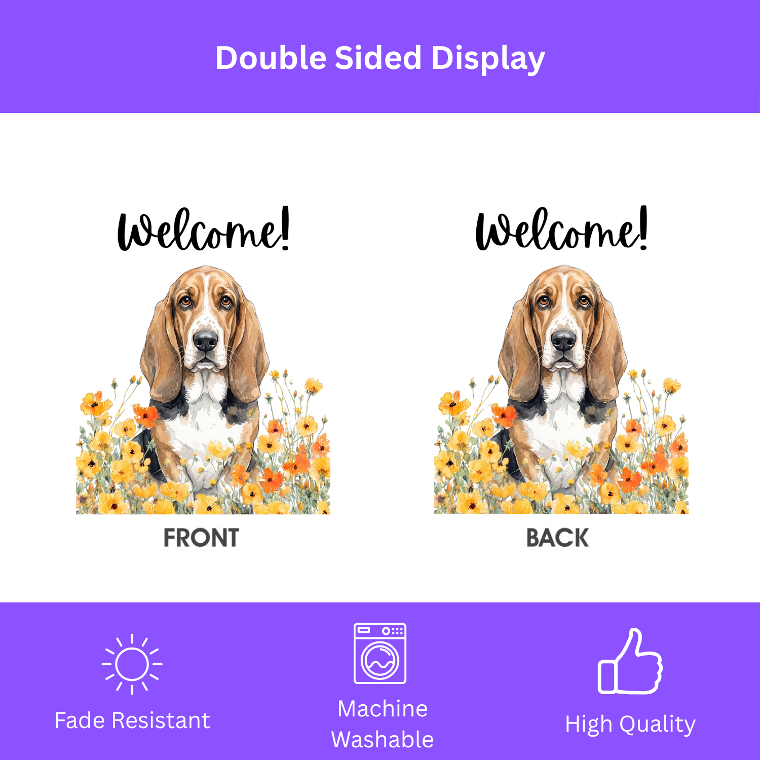 Yellow Poppies Basset Hound Welcome Garden Flag Double Sided 12x18 24x32 Outdoor