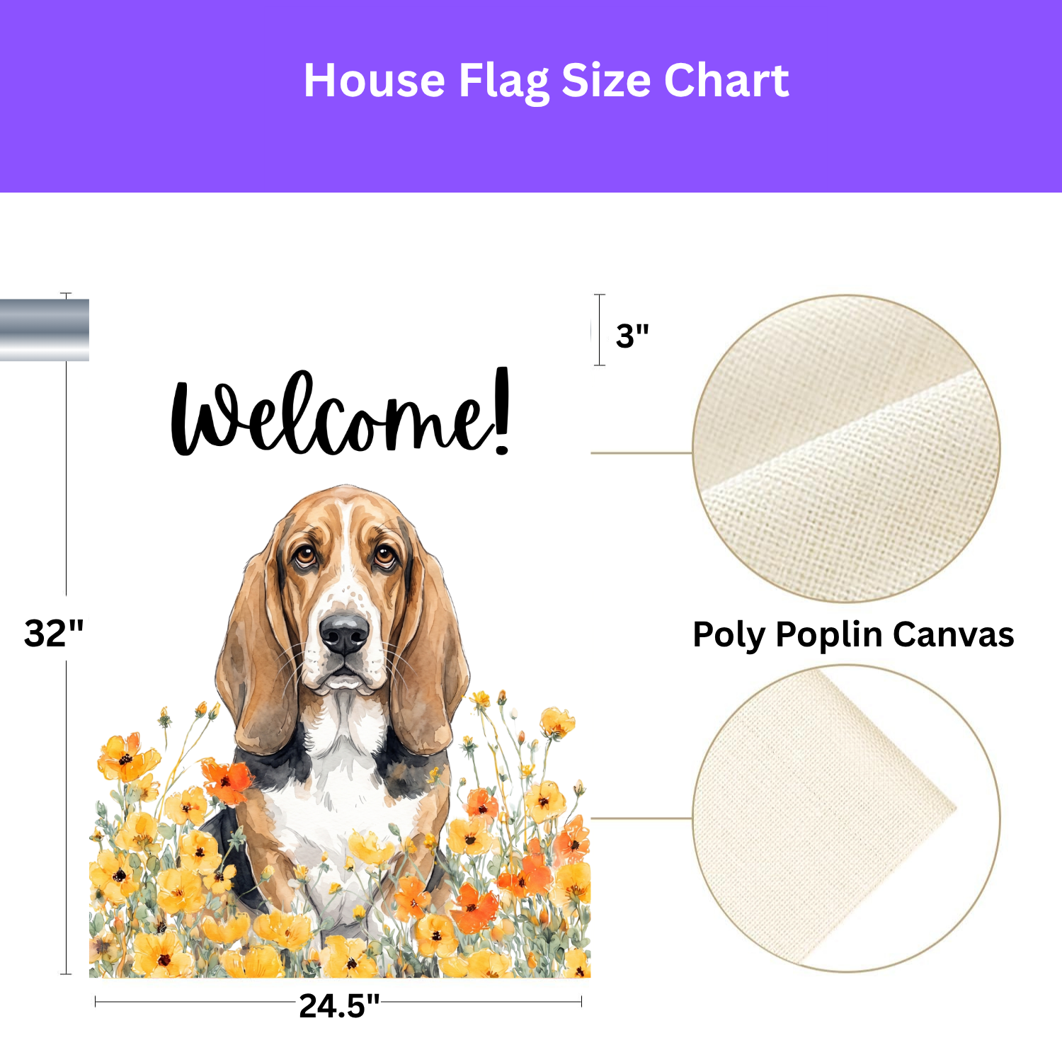 Yellow Poppies Basset Hound Welcome Garden Flag Double Sided 12x18 24x32 Outdoor