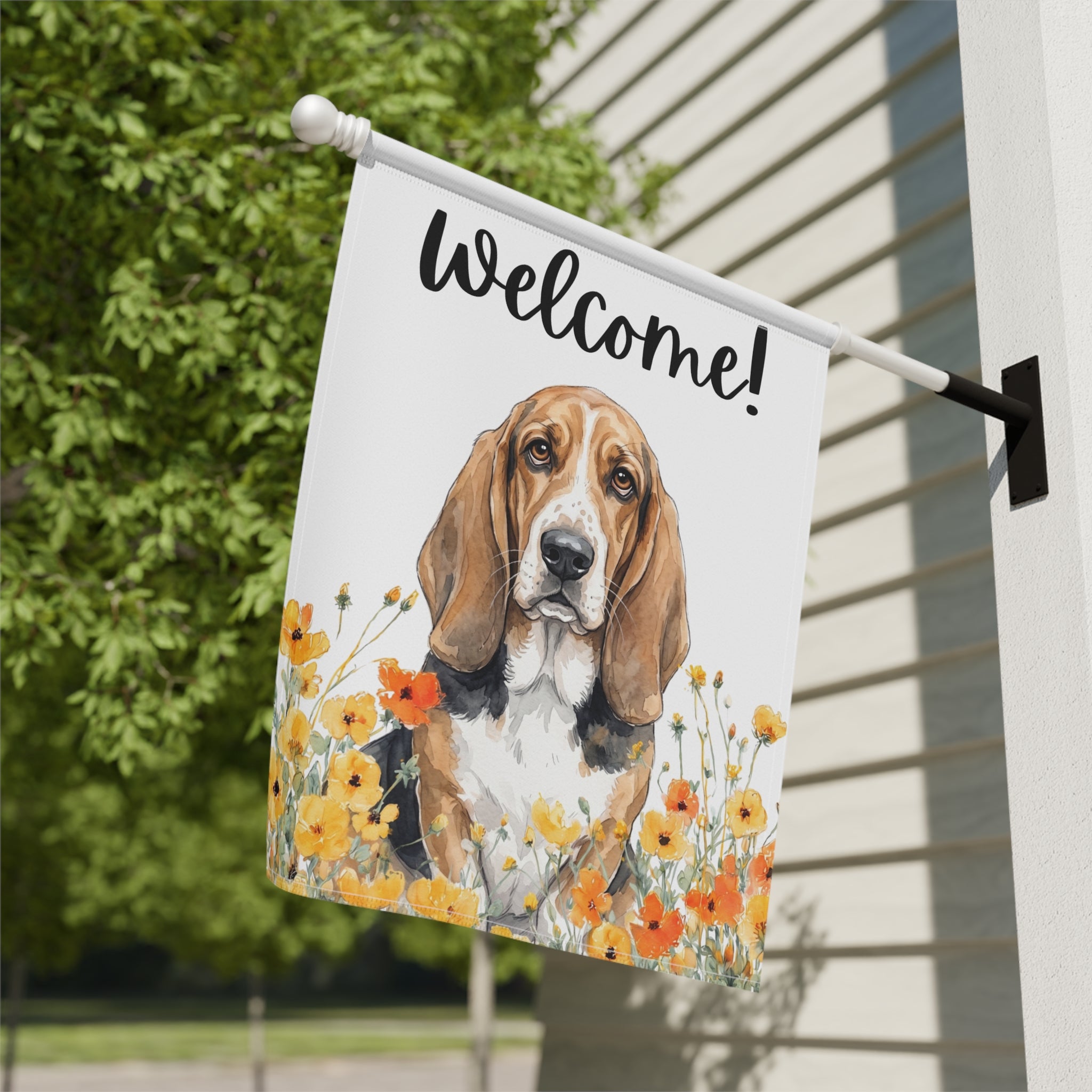 Yellow Poppies Basset Hound Welcome Garden Flag Double Sided 12x18 24x32 Outdoor