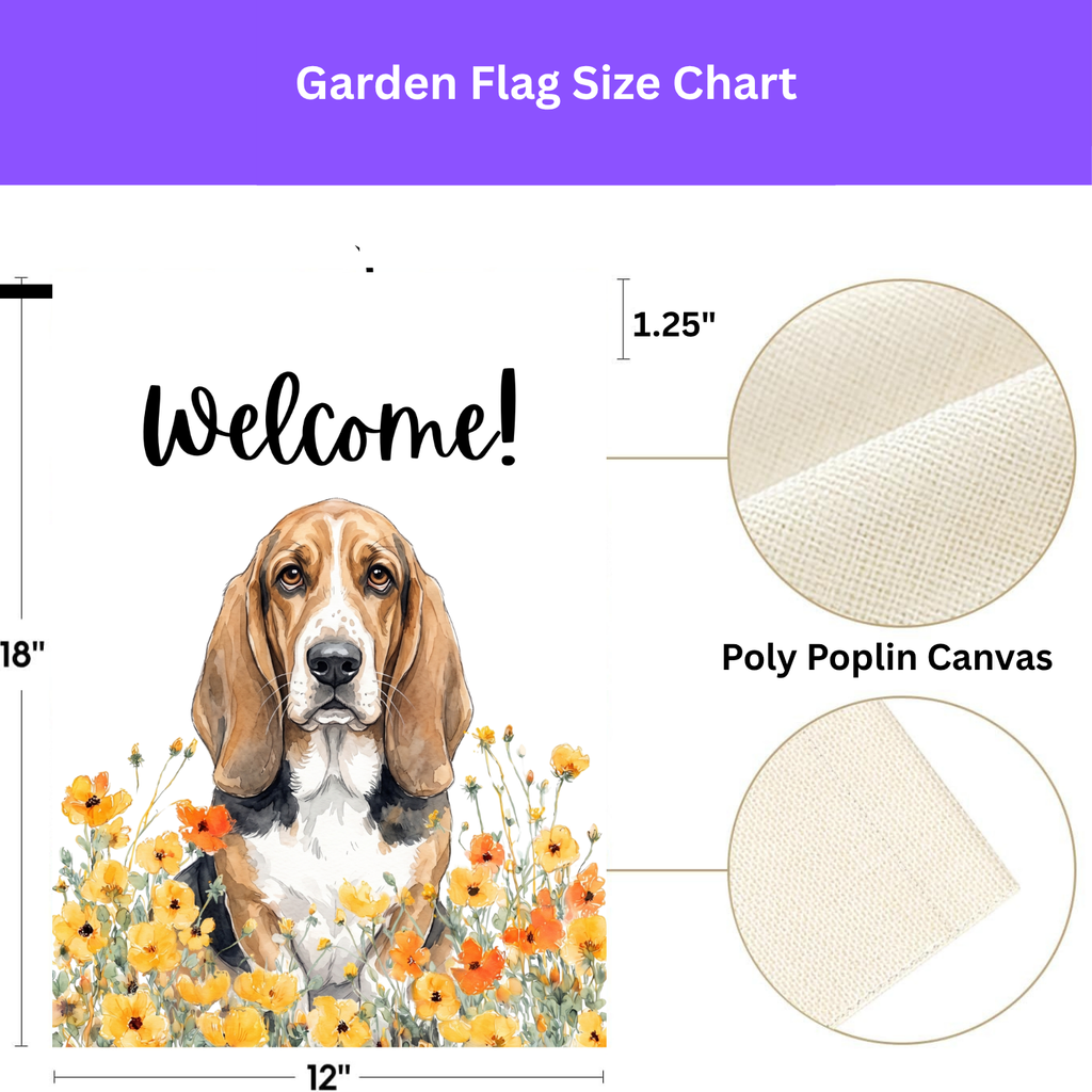 Yellow Poppies Basset Hound Welcome Garden Flag Double Sided 12x18 24x32 Outdoor
