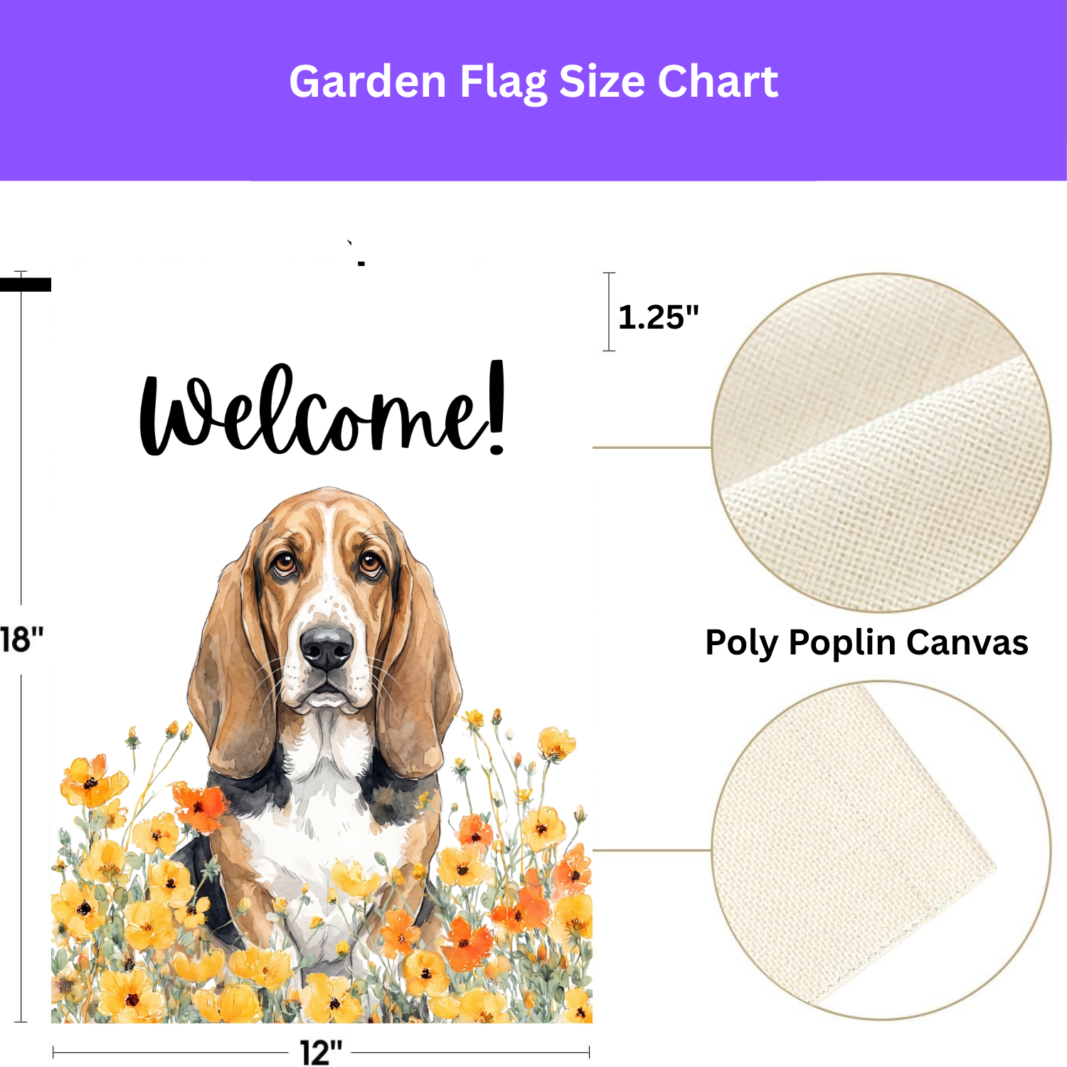 Yellow Poppies Basset Hound Welcome Garden Flag Double Sided 12x18 24x32 Outdoor