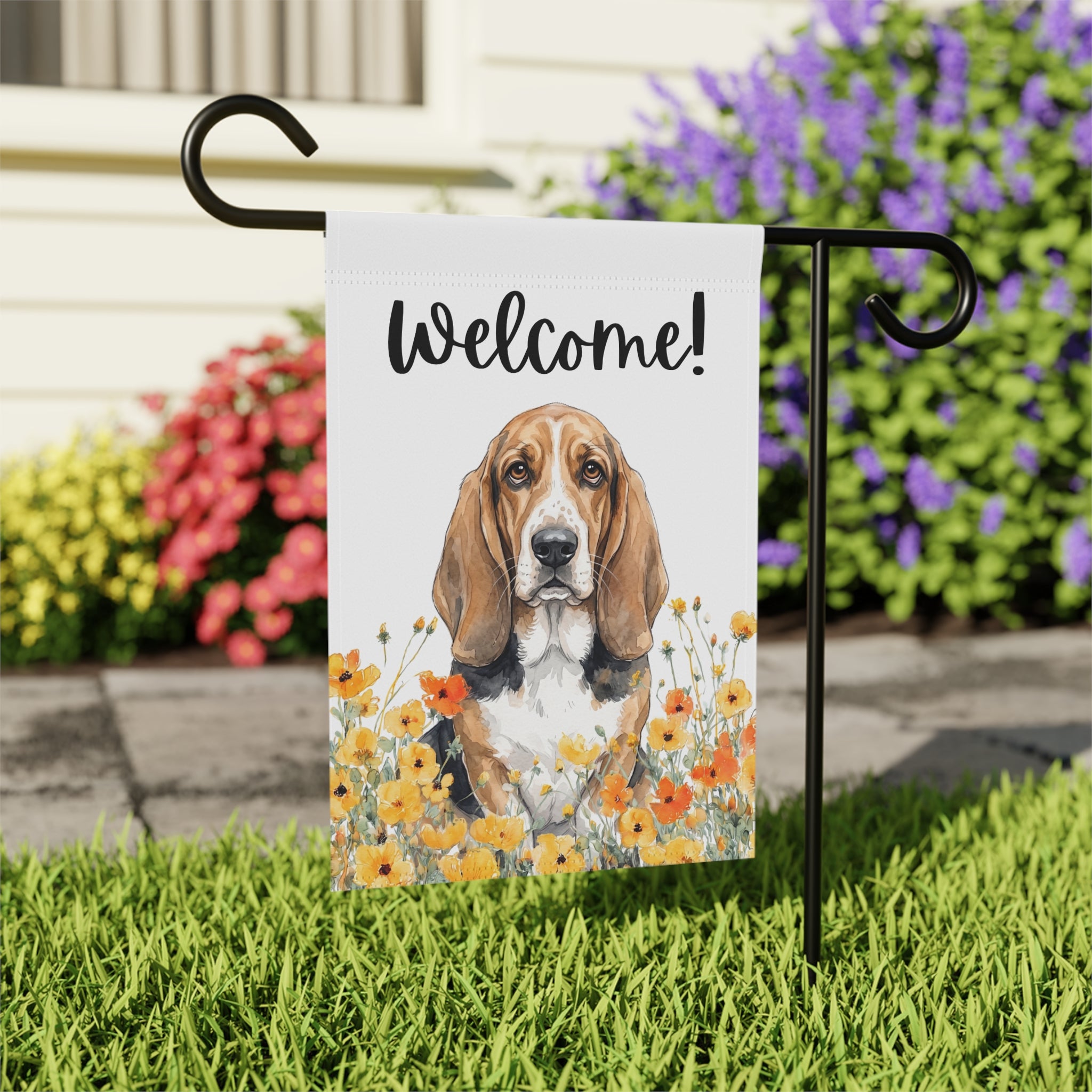 Yellow Poppies Basset Hound Welcome Garden Flag Double Sided 12x18 24x32 Outdoor