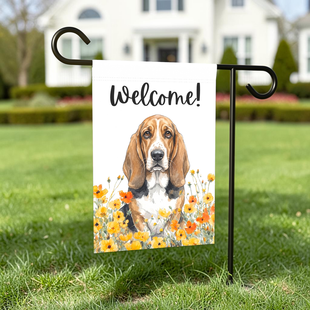 Yellow Poppies Basset Hound Welcome Garden Flag Double Sided 12x18 24x32 Outdoor