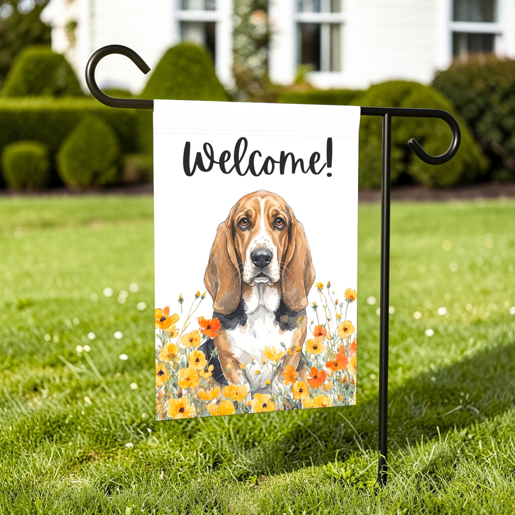 Yellow Poppies Basset Hound Welcome Garden Flag Double Sided 12x18 24x32 Outdoor