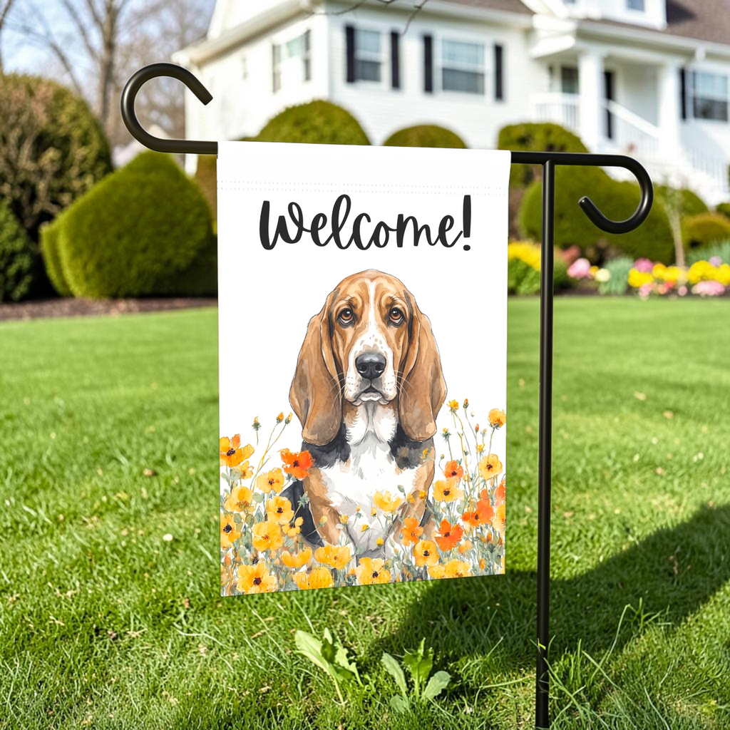 Yellow Poppies Basset Hound Welcome Garden Flag Double Sided 12x18 24x32 Outdoor
