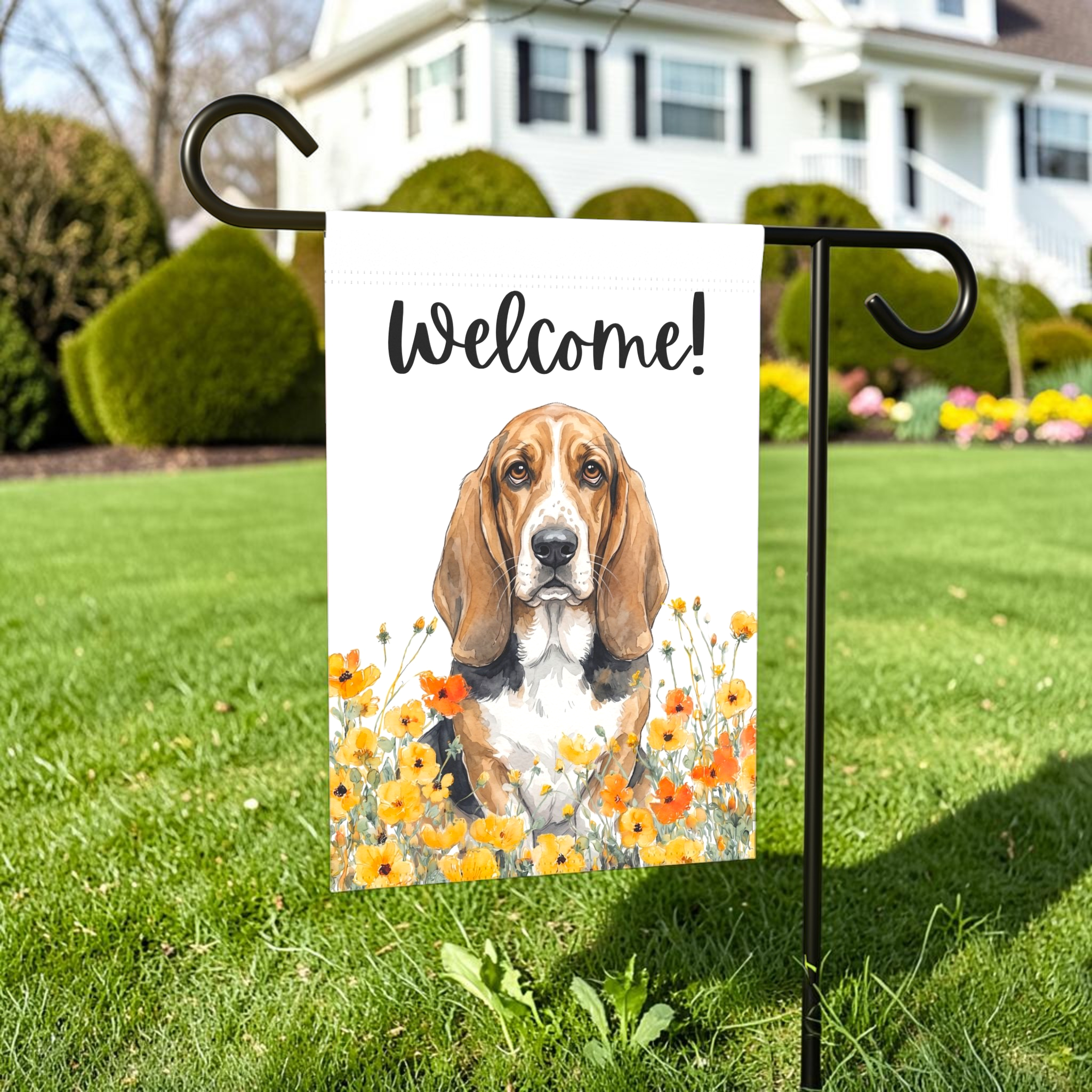 Yellow Poppies Basset Hound Welcome Garden Flag Double Sided 12x18 24x32 Outdoor