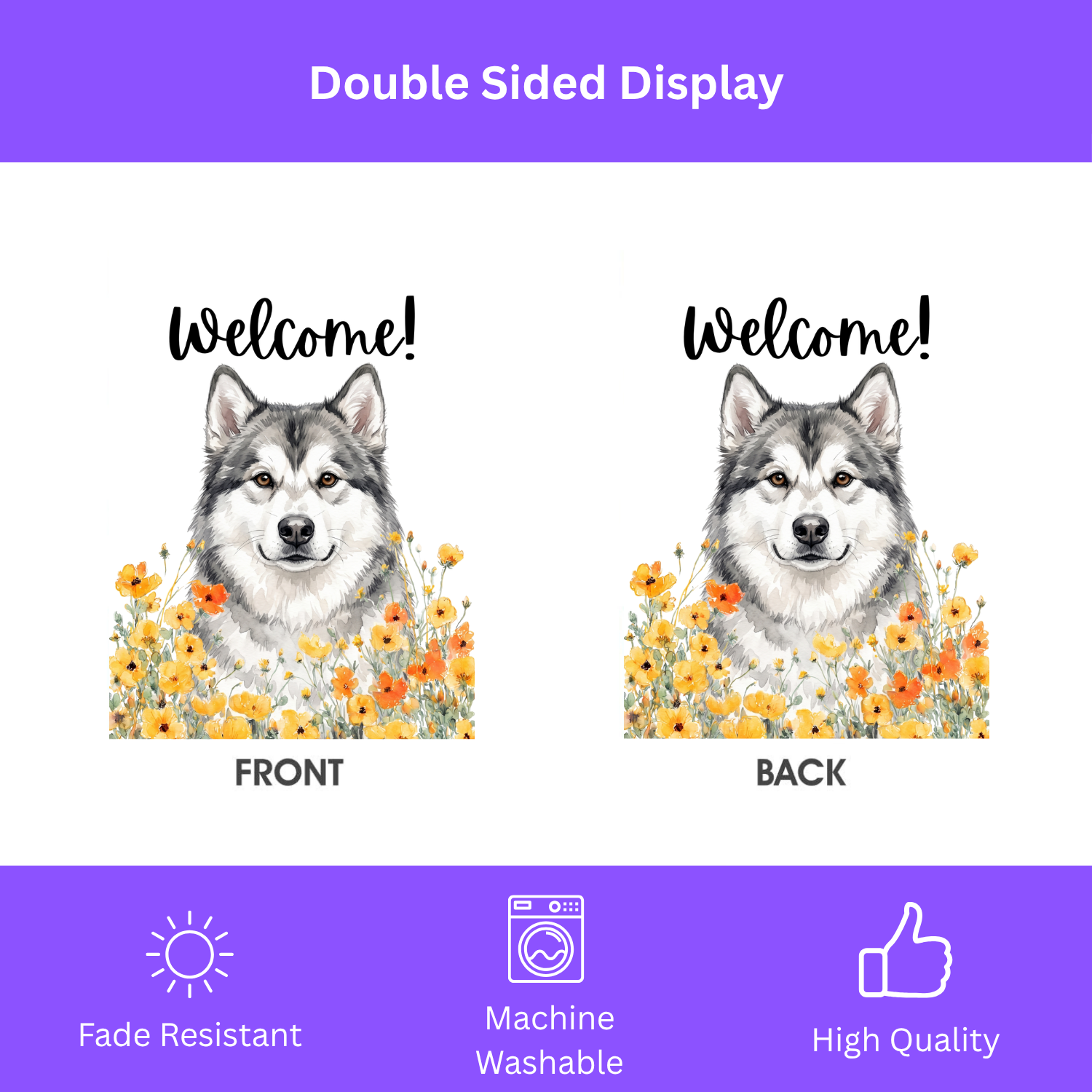 Yellow Poppies Alaskan Malamute Welcome Garden Flag Double Sided 12x18 24x32 Outdoor