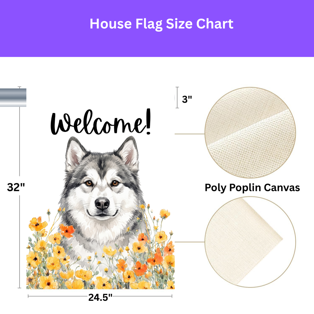 Yellow Poppies Alaskan Malamute Welcome Garden Flag Double Sided 12x18 24x32 Outdoor