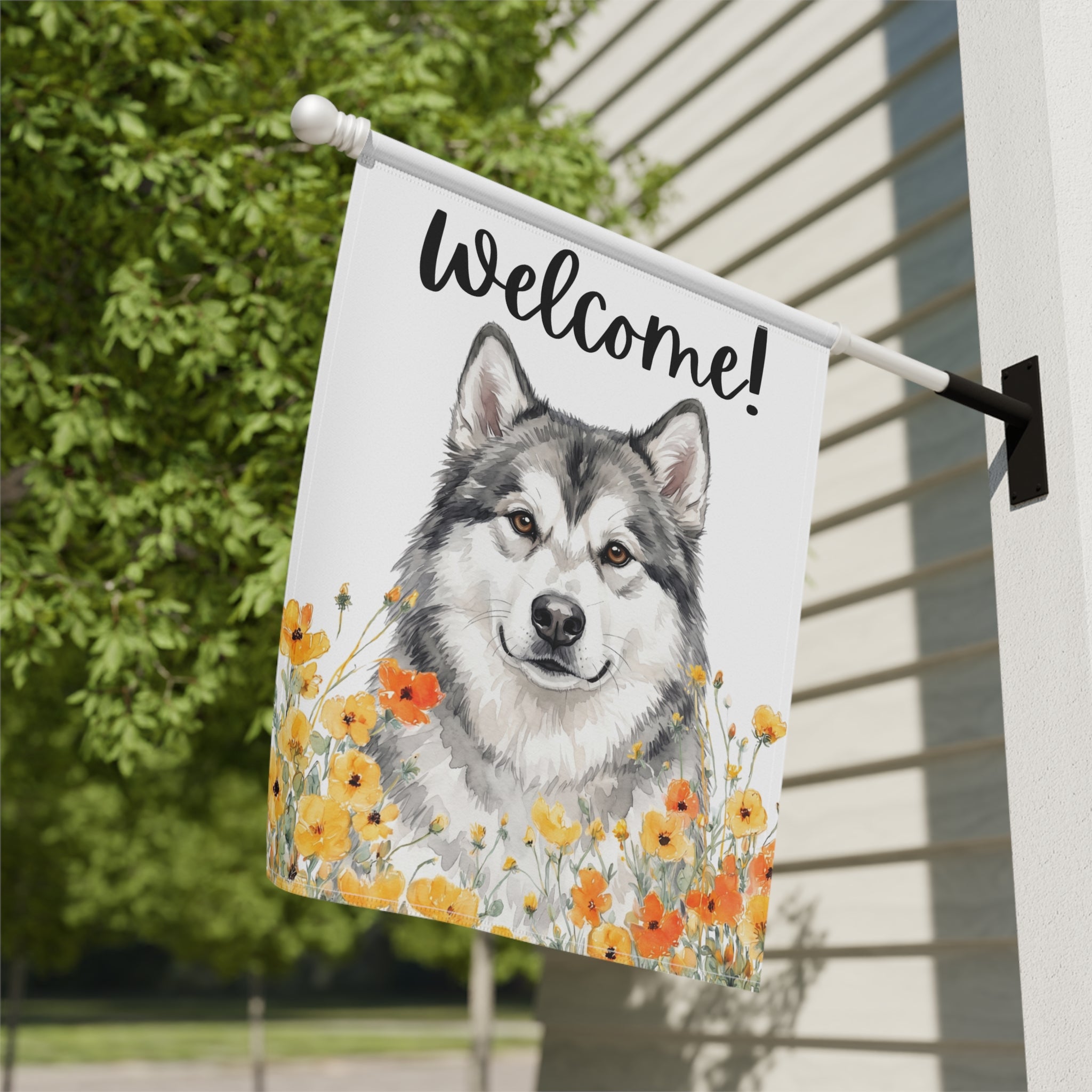 Yellow Poppies Alaskan Malamute Welcome Garden Flag Double Sided 12x18 24x32 Outdoor