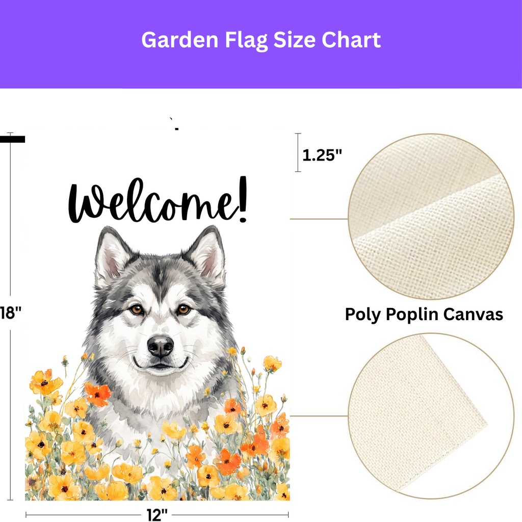 Yellow Poppies Alaskan Malamute Welcome Garden Flag Double Sided 12x18 24x32 Outdoor