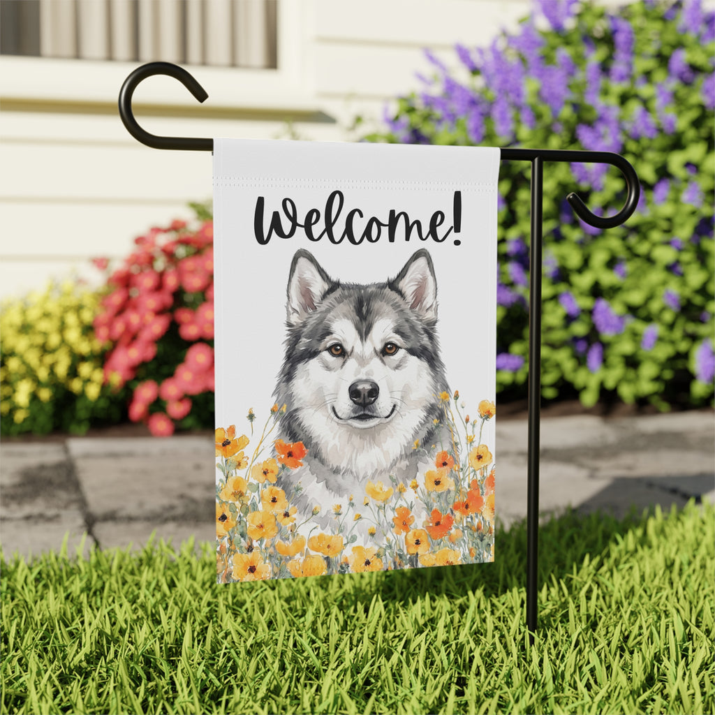 Yellow Poppies Alaskan Malamute Welcome Garden Flag Double Sided 12x18 24x32 Outdoor