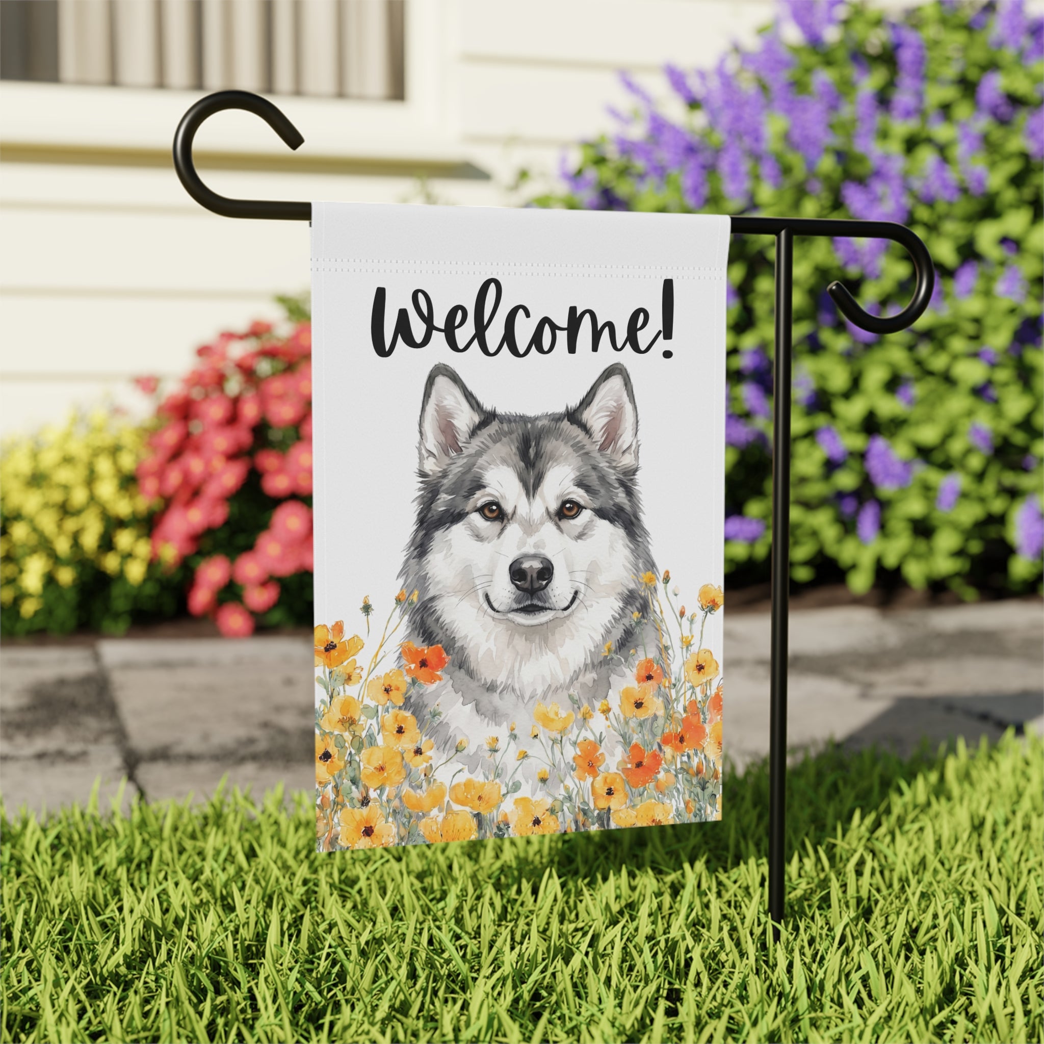 Yellow Poppies Alaskan Malamute Welcome Garden Flag Double Sided 12x18 24x32 Outdoor