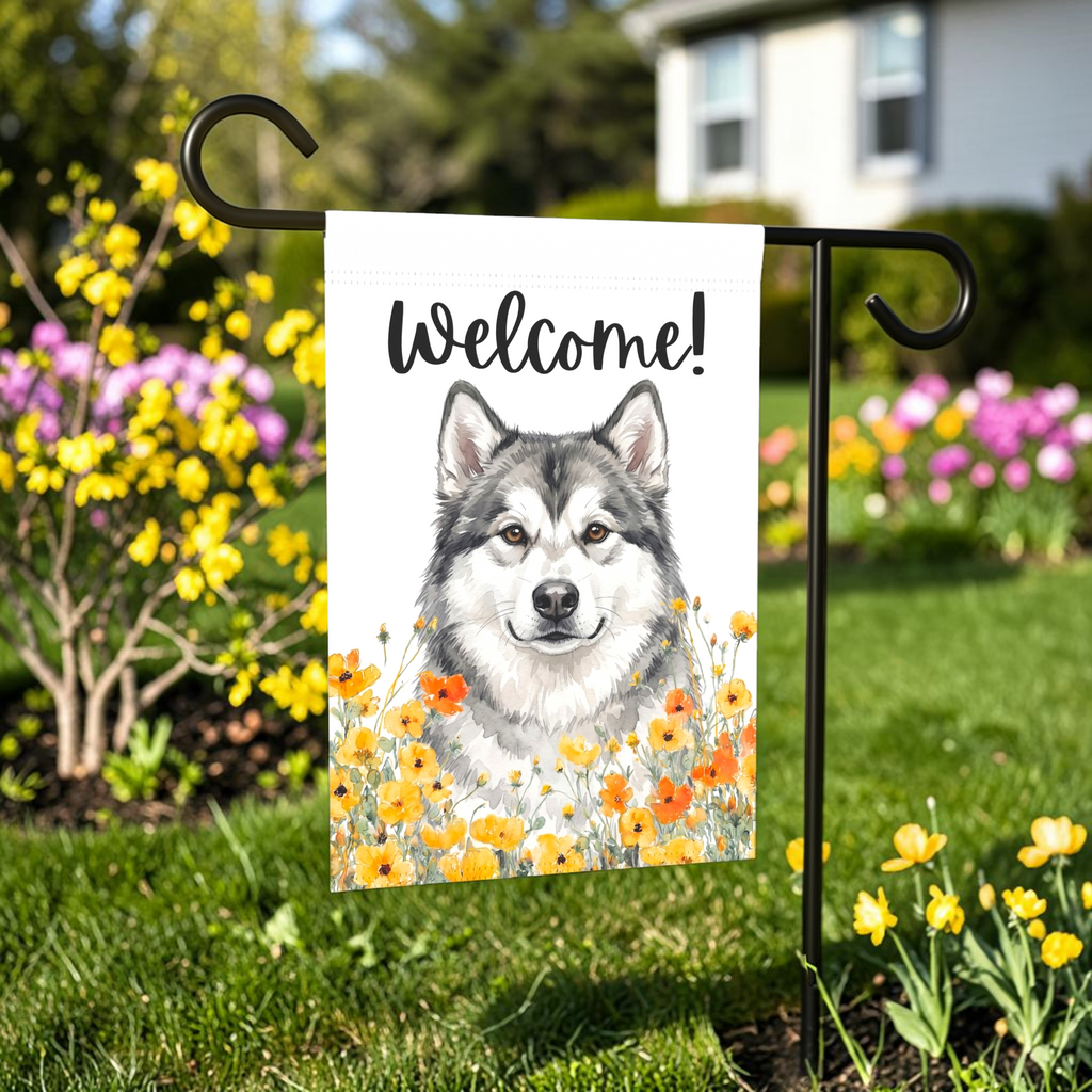 Yellow Poppies Alaskan Malamute Welcome Garden Flag Double Sided 12x18 24x32 Outdoor