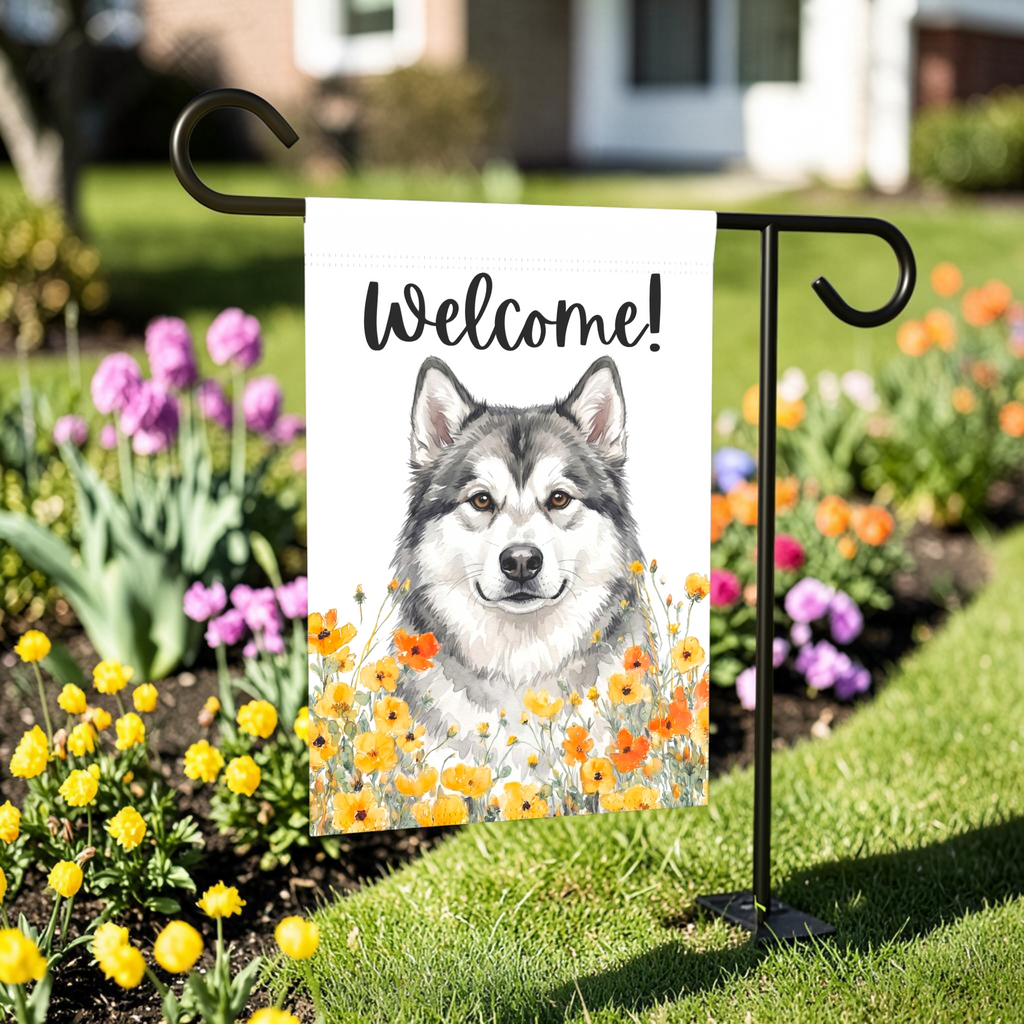 Yellow Poppies Alaskan Malamute Welcome Garden Flag Double Sided 12x18 24x32 Outdoor