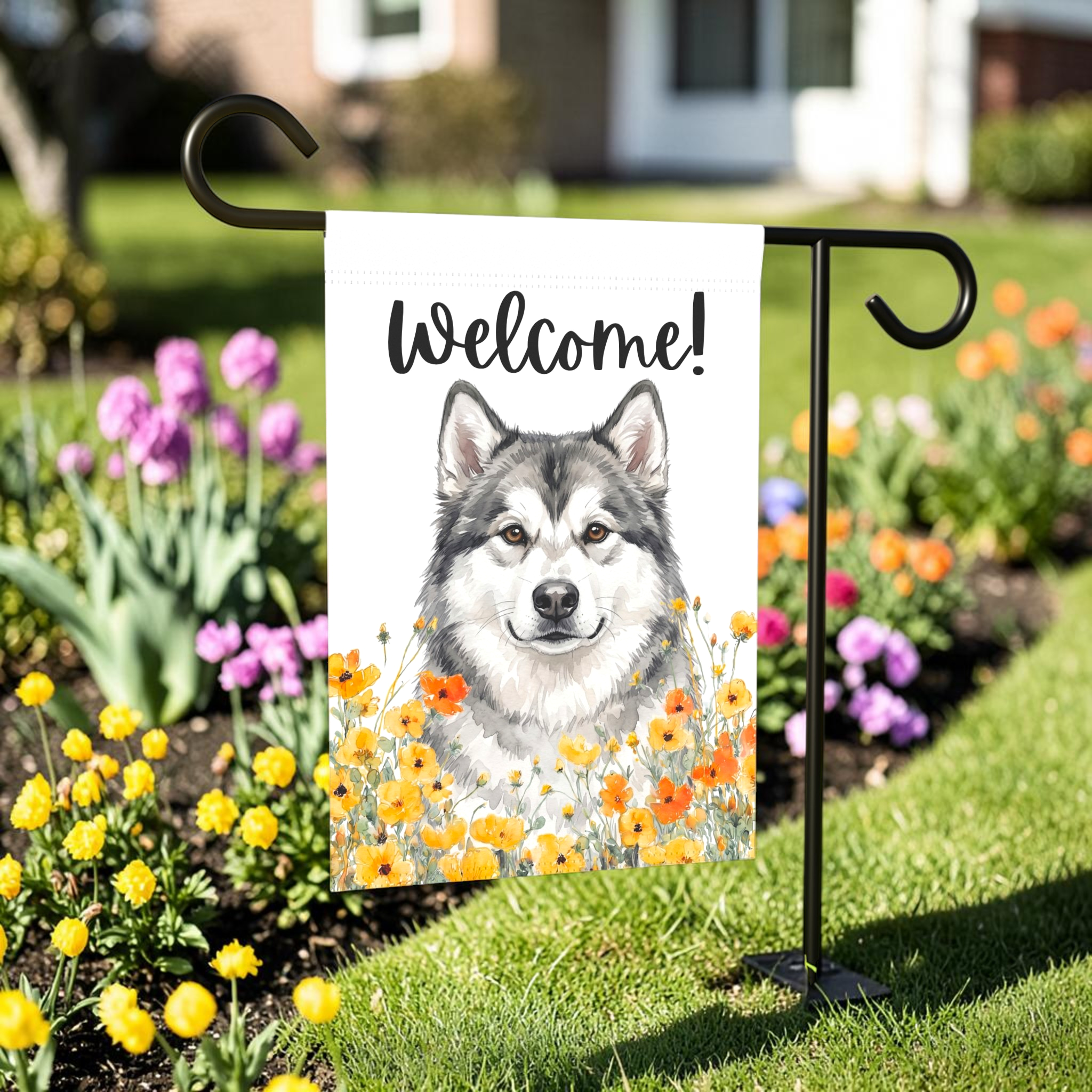 Yellow Poppies Alaskan Malamute Welcome Garden Flag Double Sided 12x18 24x32 Outdoor