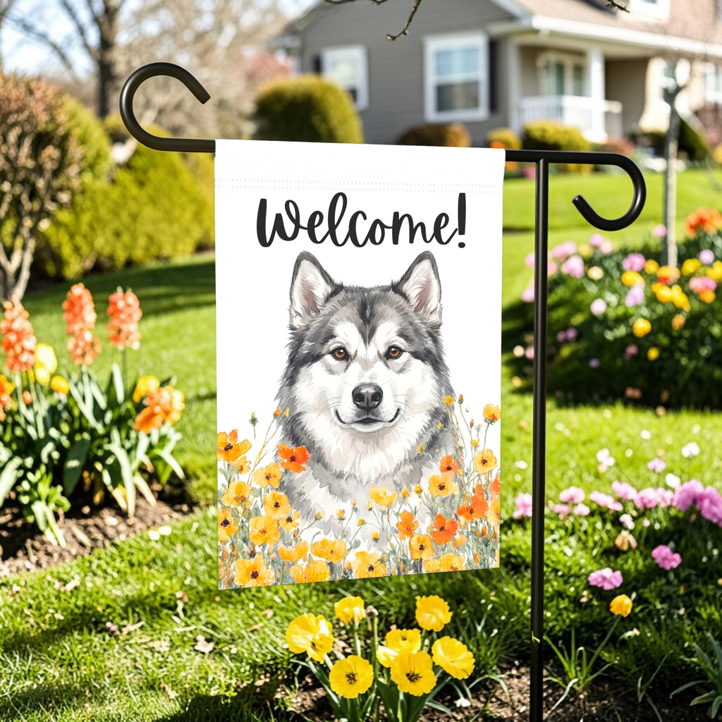 Yellow Poppies Alaskan Malamute Welcome Garden Flag Double Sided 12x18 24x32 Outdoor