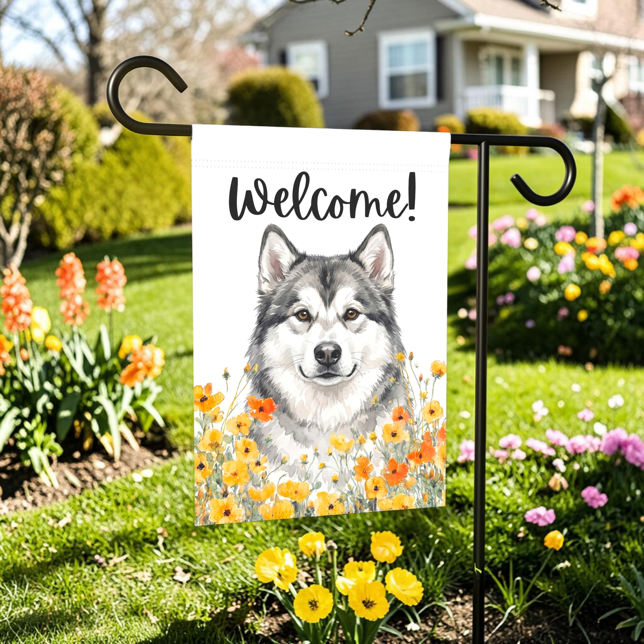 Yellow Poppies Alaskan Malamute Welcome Garden Flag Double Sided 12x18 24x32 Outdoor