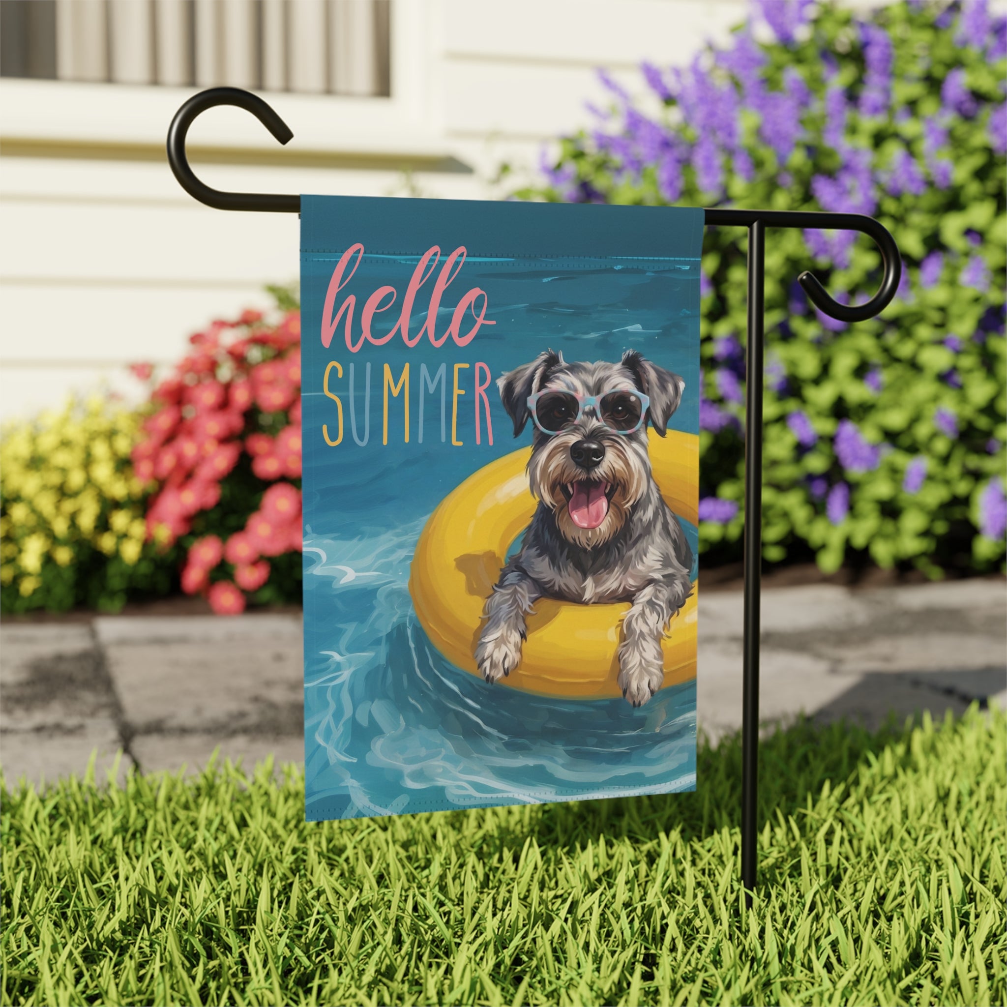 Hello Summer Schnauzer Garden Flag Double Sided 12x18 24x32 Outdoor