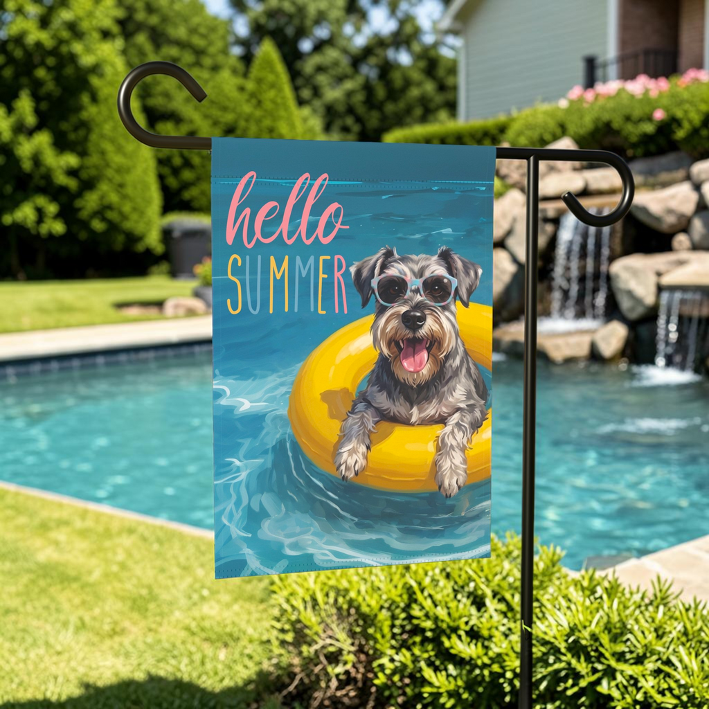Hello Summer Schnauzer Garden Flag Double Sided 12x18 24x32 Outdoor