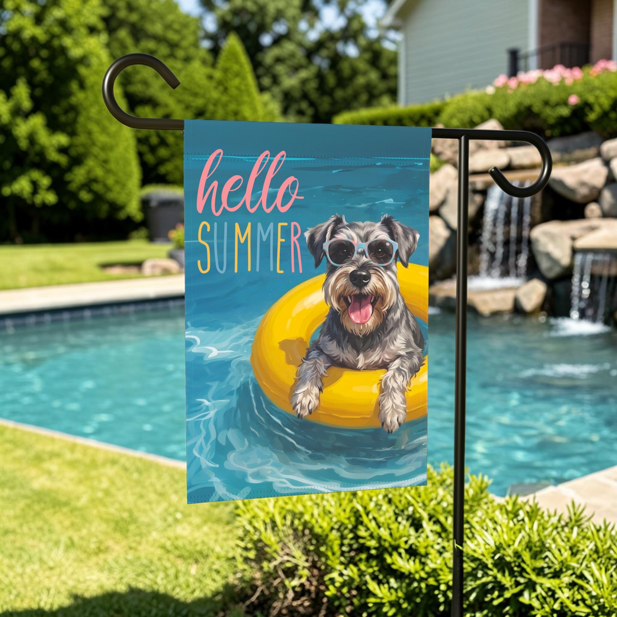 Hello Summer Schnauzer Garden Flag Double Sided 12x18 24x32 Outdoor