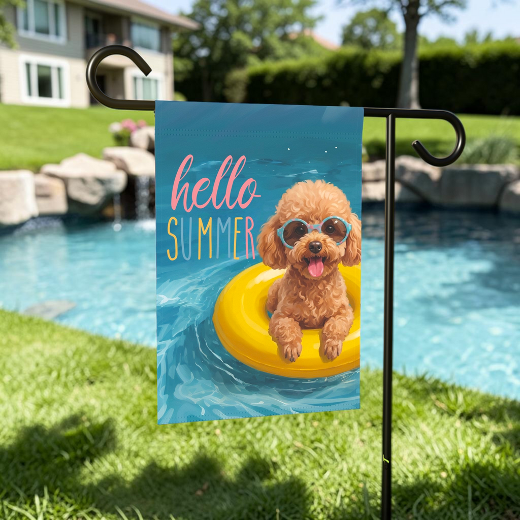 Hello Summer Toy Poodle Garden Flag Double Sided 12x18 24x32 Outdoor