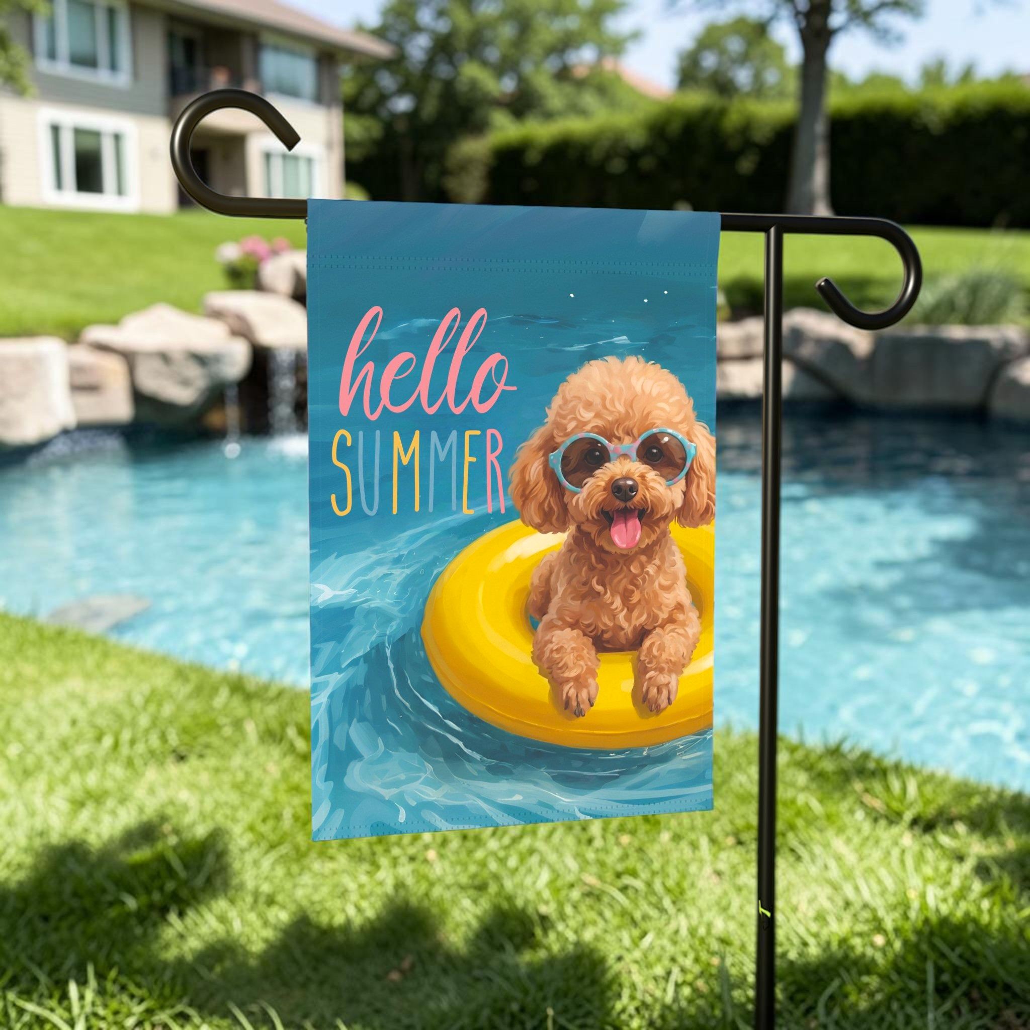 Hello Summer Toy Poodle Garden Flag Double Sided 12x18 24x32 Outdoor
