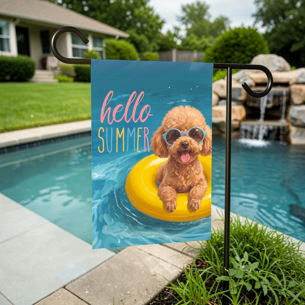 Hello Summer Toy Poodle Garden Flag Double Sided 12x18 24x32 Outdoor