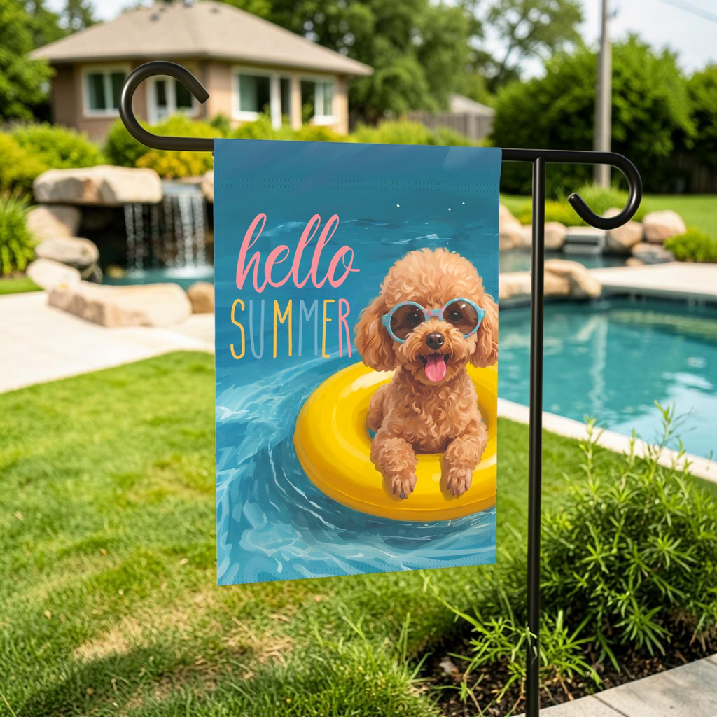 Hello Summer Toy Poodle Garden Flag Double Sided 12x18 24x32 Outdoor