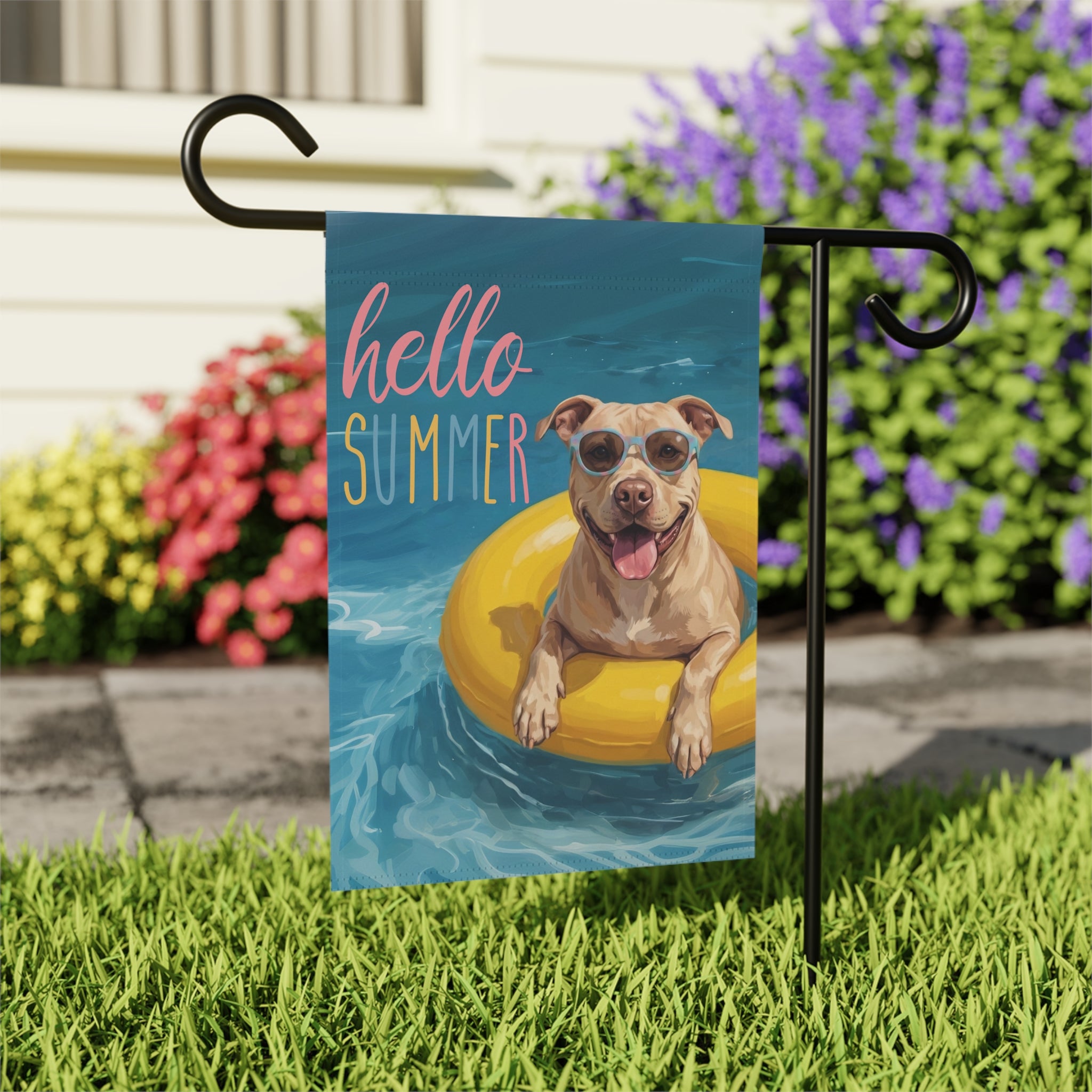 Hello Summer Fawn American Pitbull Terrier Garden Flag Double Sided 12x18 24x32 Outdoor