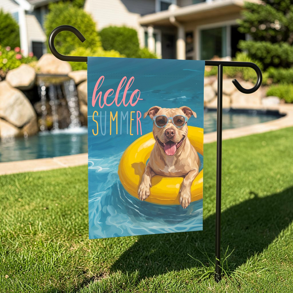 Hello Summer Fawn American Pitbull Terrier Garden Flag Double Sided 12x18 24x32 Outdoor