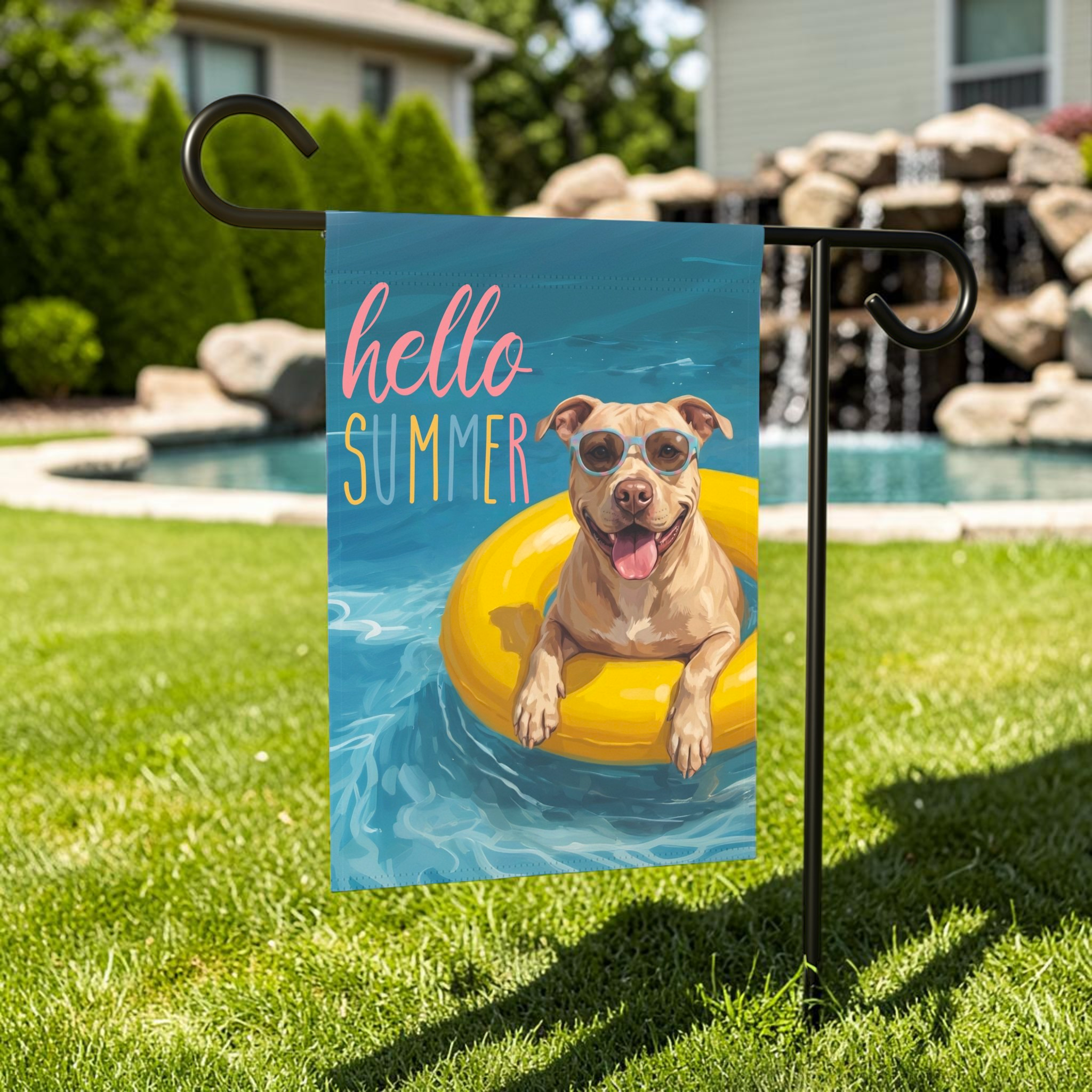 Hello Summer Fawn American Pitbull Terrier Garden Flag Double Sided 12x18 24x32 Outdoor