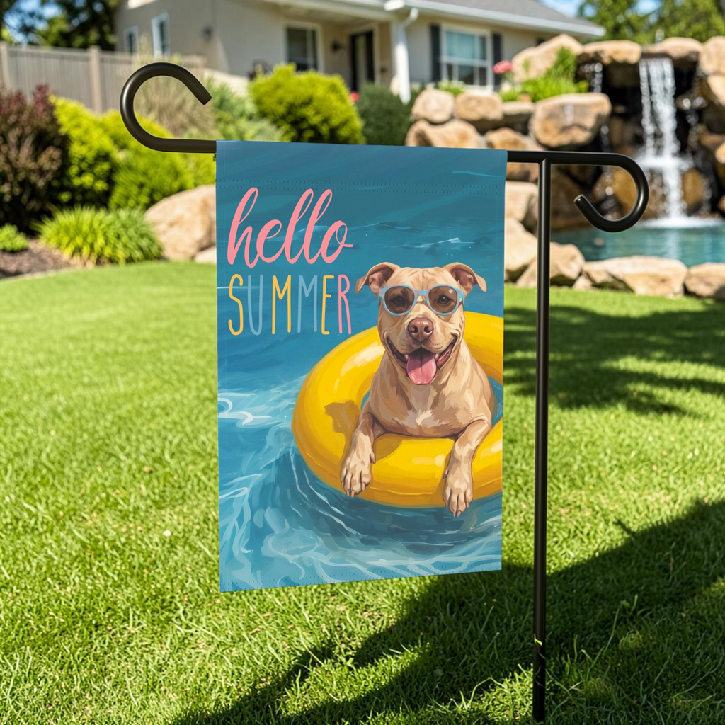 Hello Summer Fawn American Pitbull Terrier Garden Flag Double Sided 12x18 24x32 Outdoor