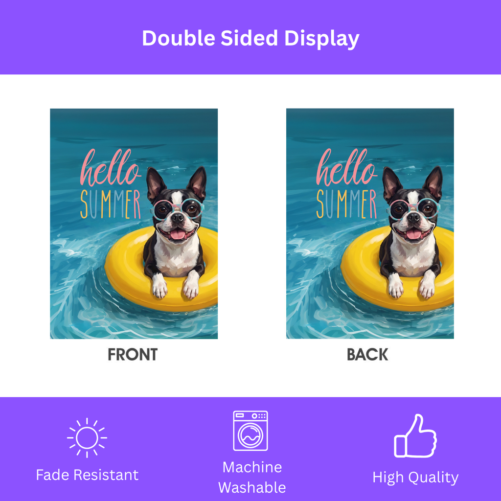 Hello Summer Black and White Boston Terrier Garden Flag Double Sided 12x18 24x32 Outdoor