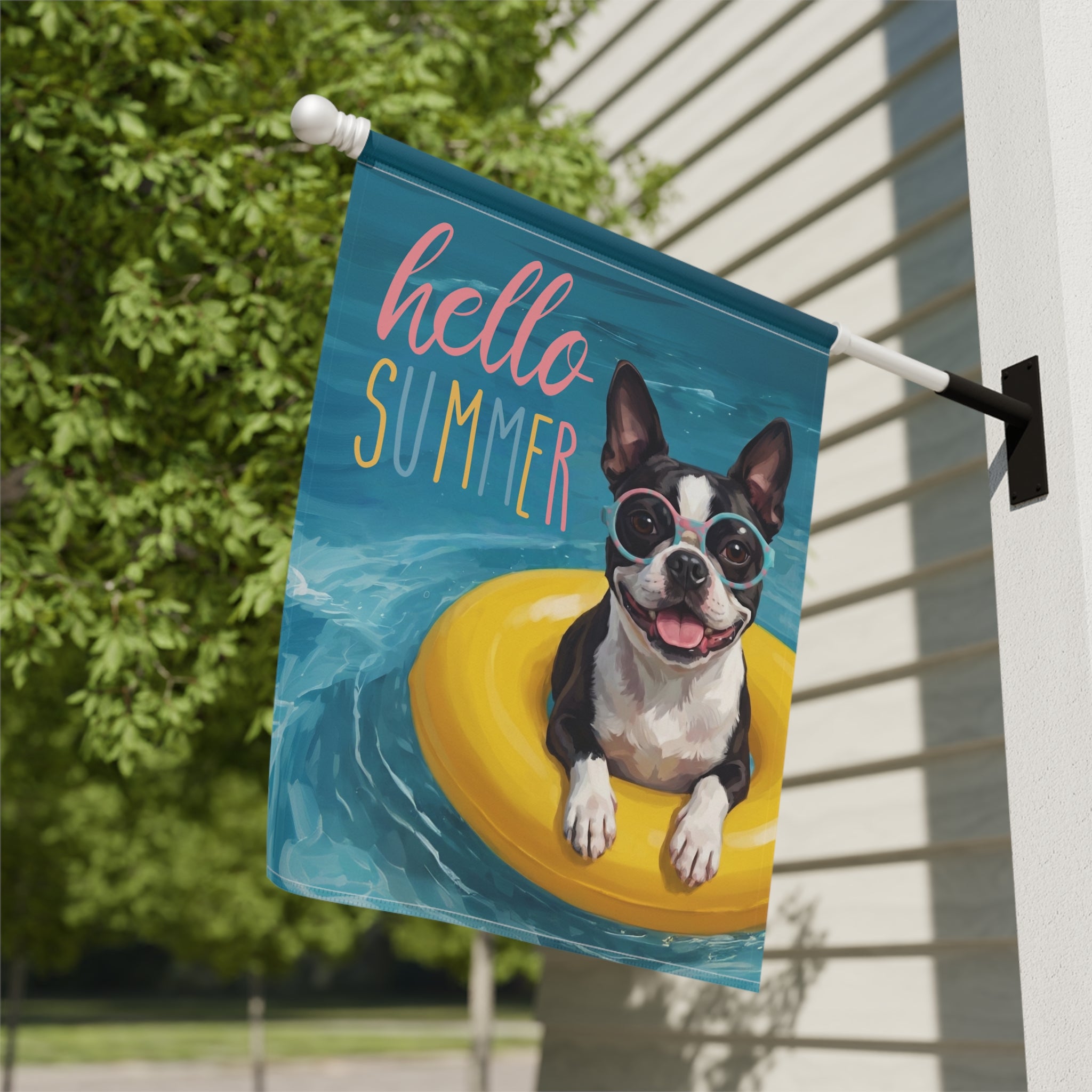 Hello Summer Black and White Boston Terrier Garden Flag Double Sided 12x18 24x32 Outdoor