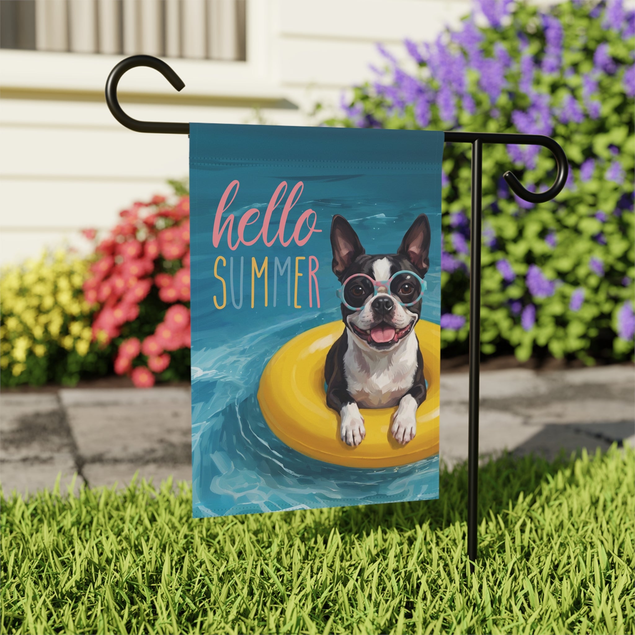 Hello Summer Black and White Boston Terrier Garden Flag Double Sided 12x18 24x32 Outdoor