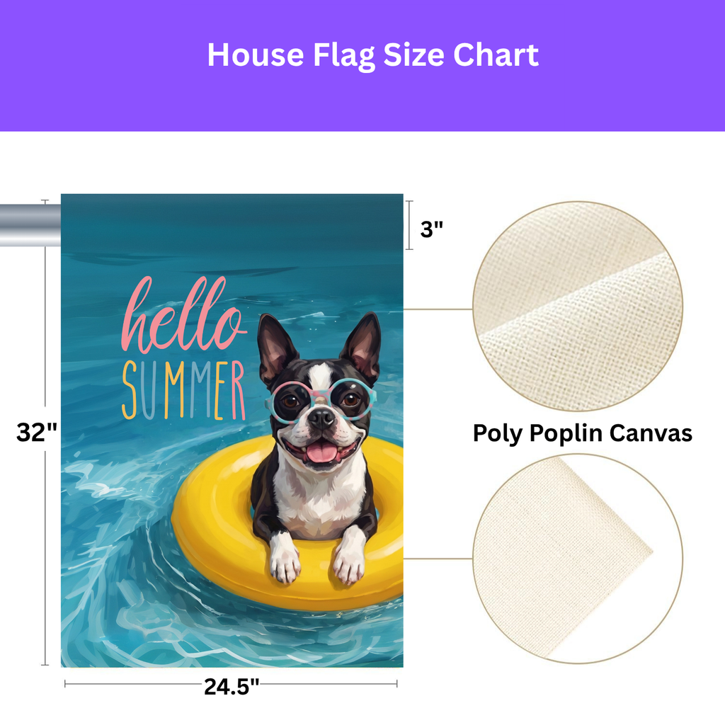 Hello Summer Black and White Boston Terrier Garden Flag Double Sided 12x18 24x32 Outdoor