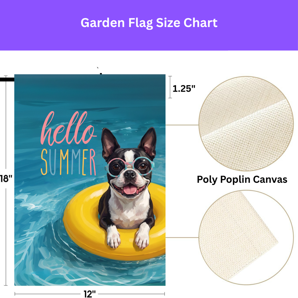 Hello Summer Black and White Boston Terrier Garden Flag Double Sided 12x18 24x32 Outdoor