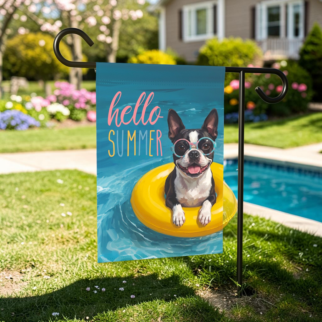 Hello Summer Black and White Boston Terrier Garden Flag Double Sided 12x18 24x32 Outdoor
