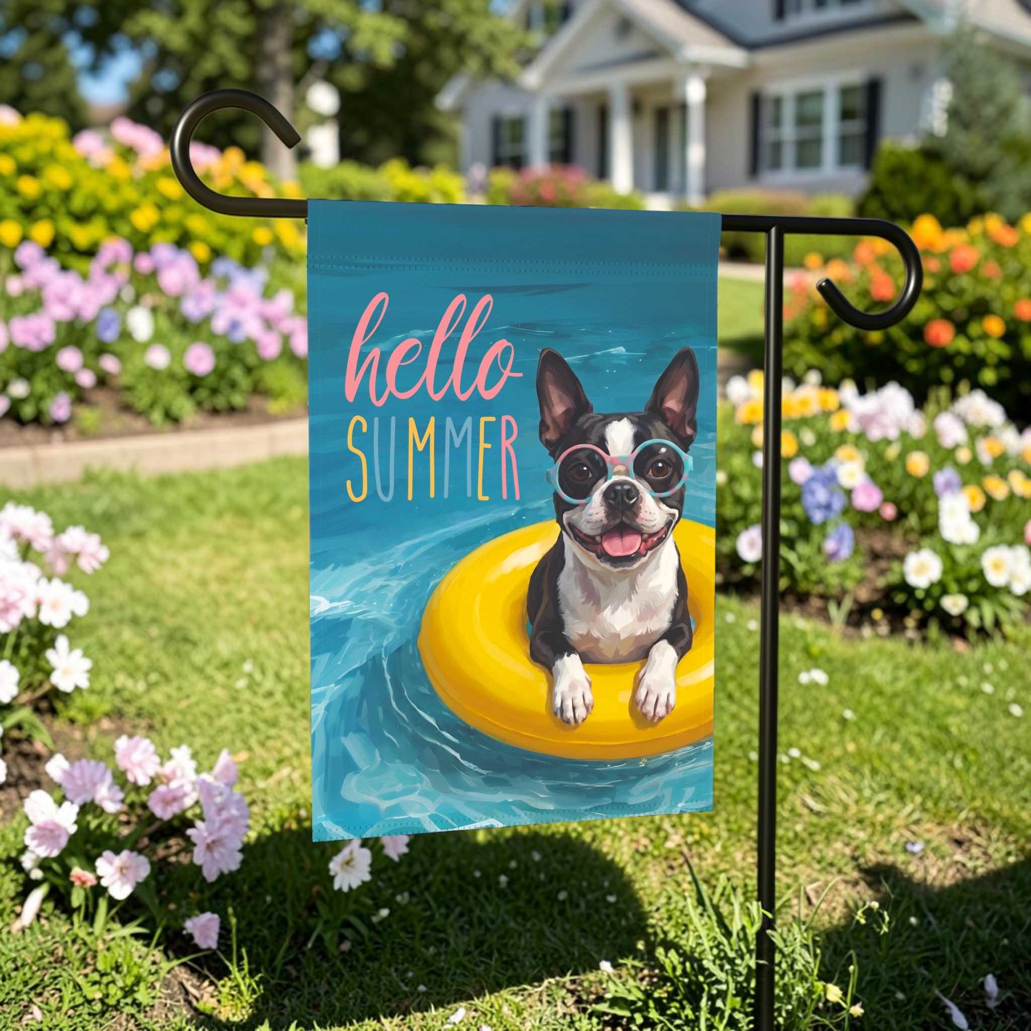 Hello Summer Black and White Boston Terrier Garden Flag Double Sided 12x18 24x32 Outdoor