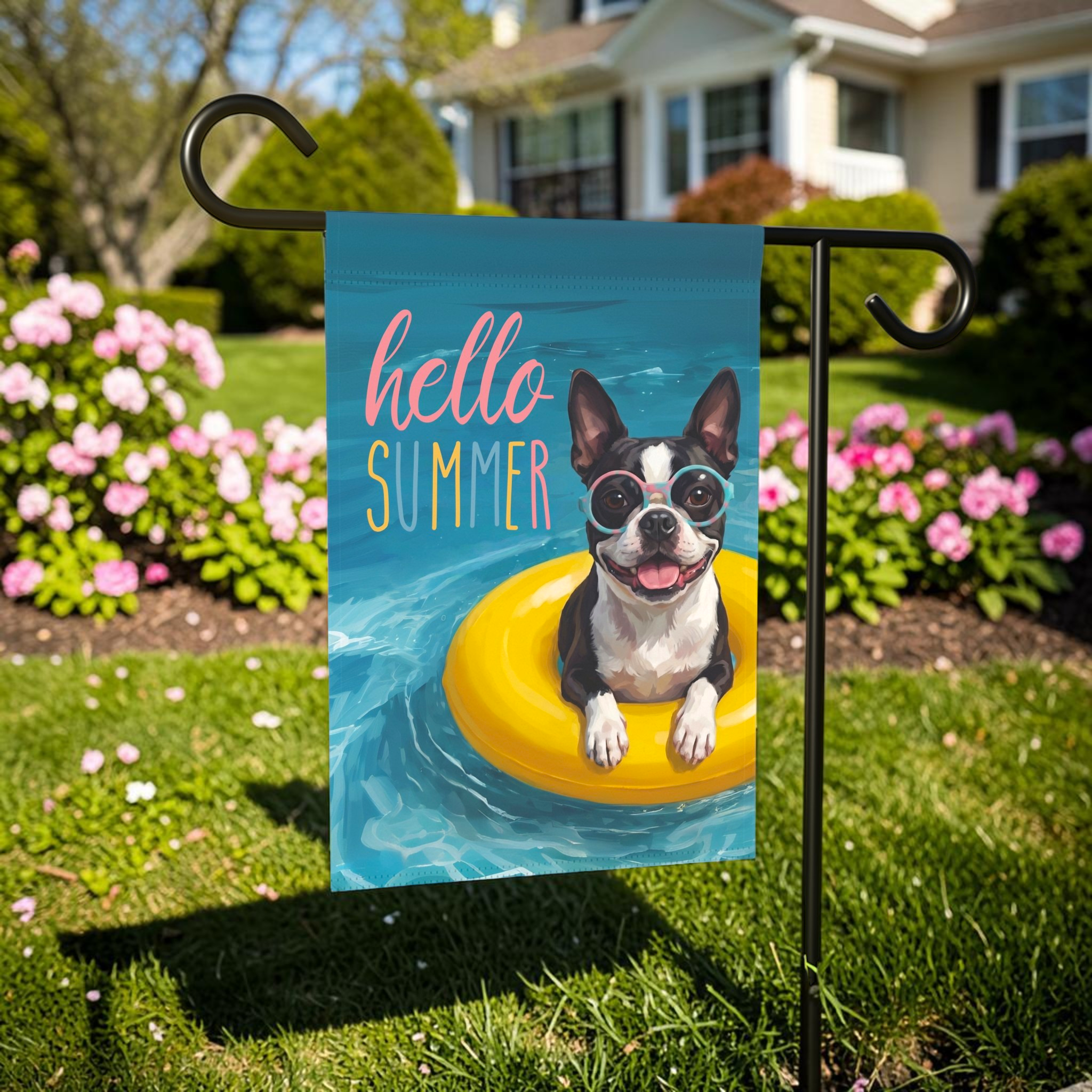 Hello Summer Black and White Boston Terrier Garden Flag Double Sided 12x18 24x32 Outdoor