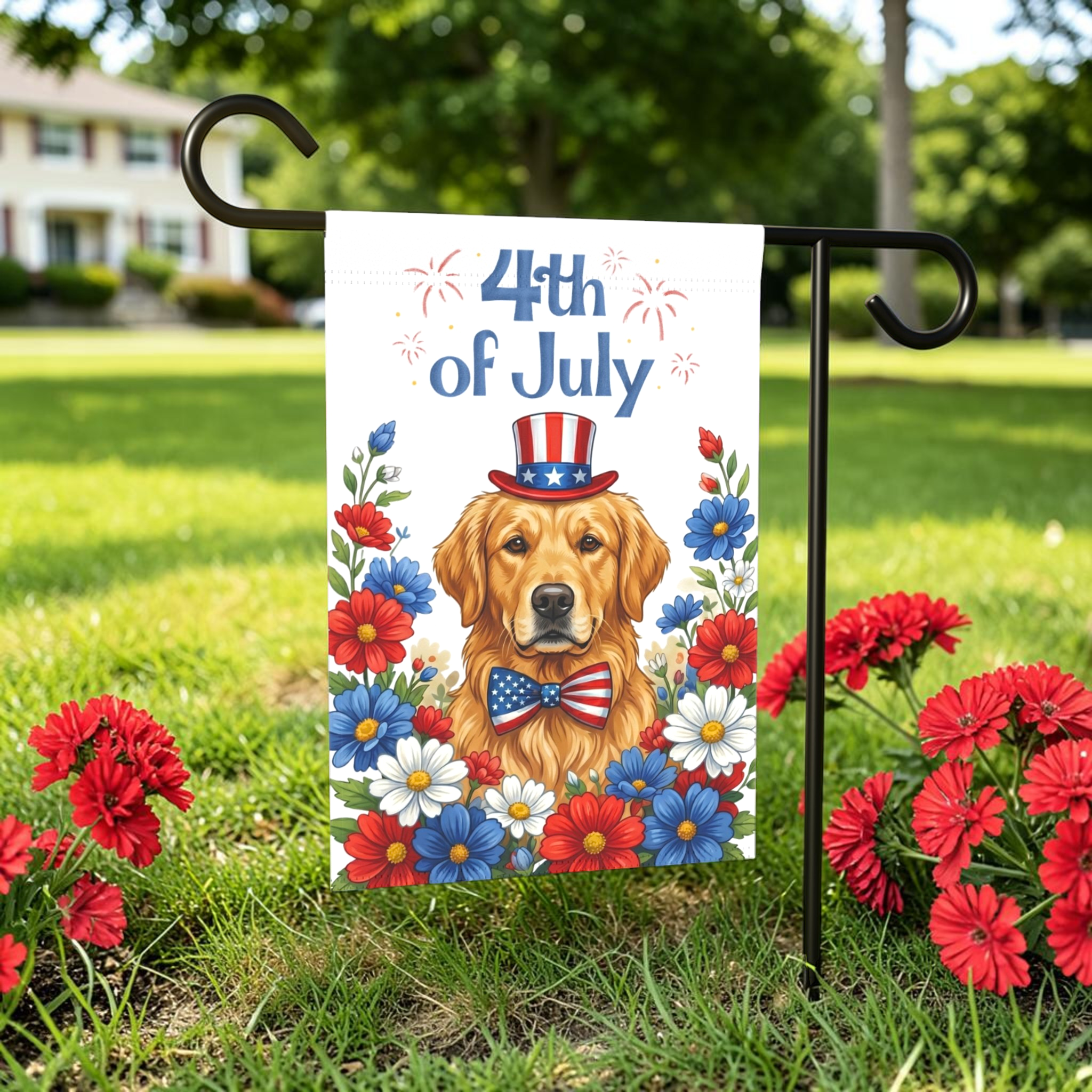 4th of July Golden Retriever Garden Flag Double Sided 12x18 24x32 Outdoor