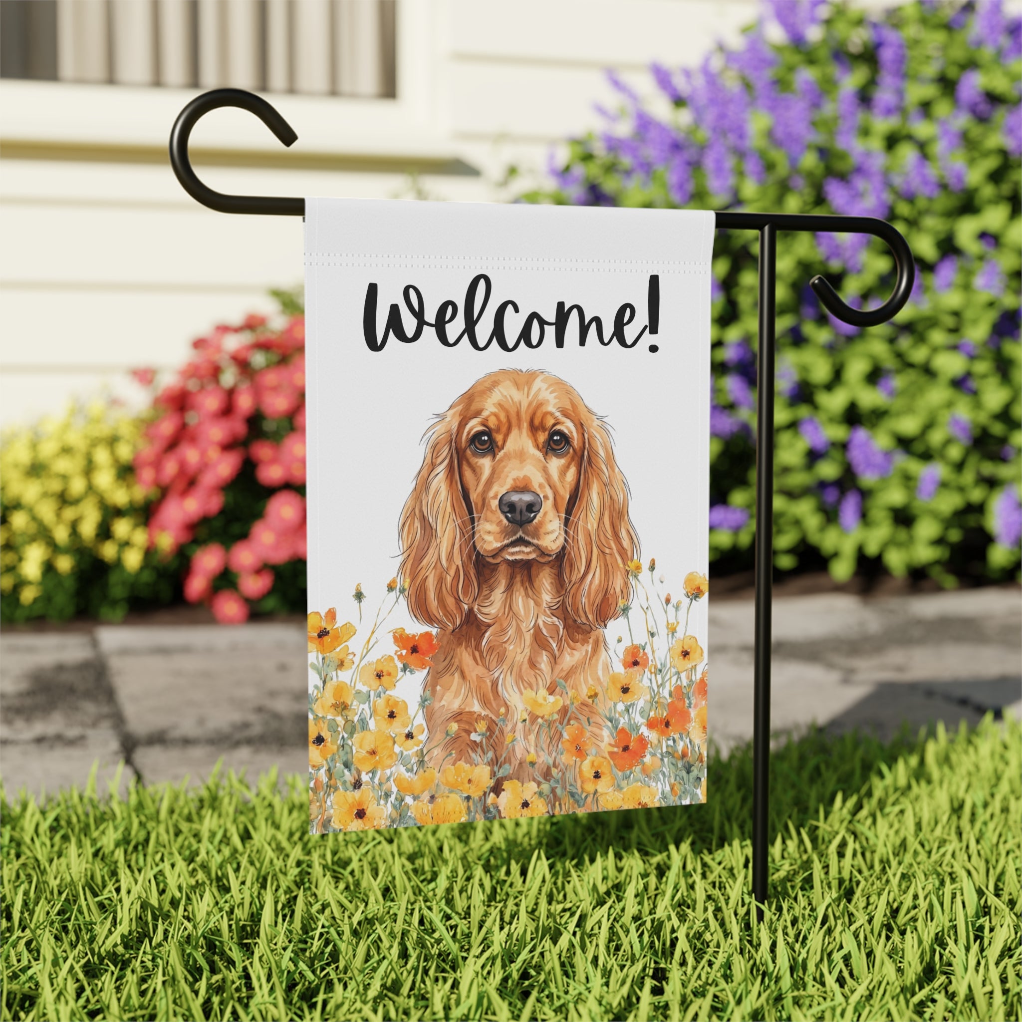 Yellow Poppies Cocker Spaniel Welcome Garden Flag