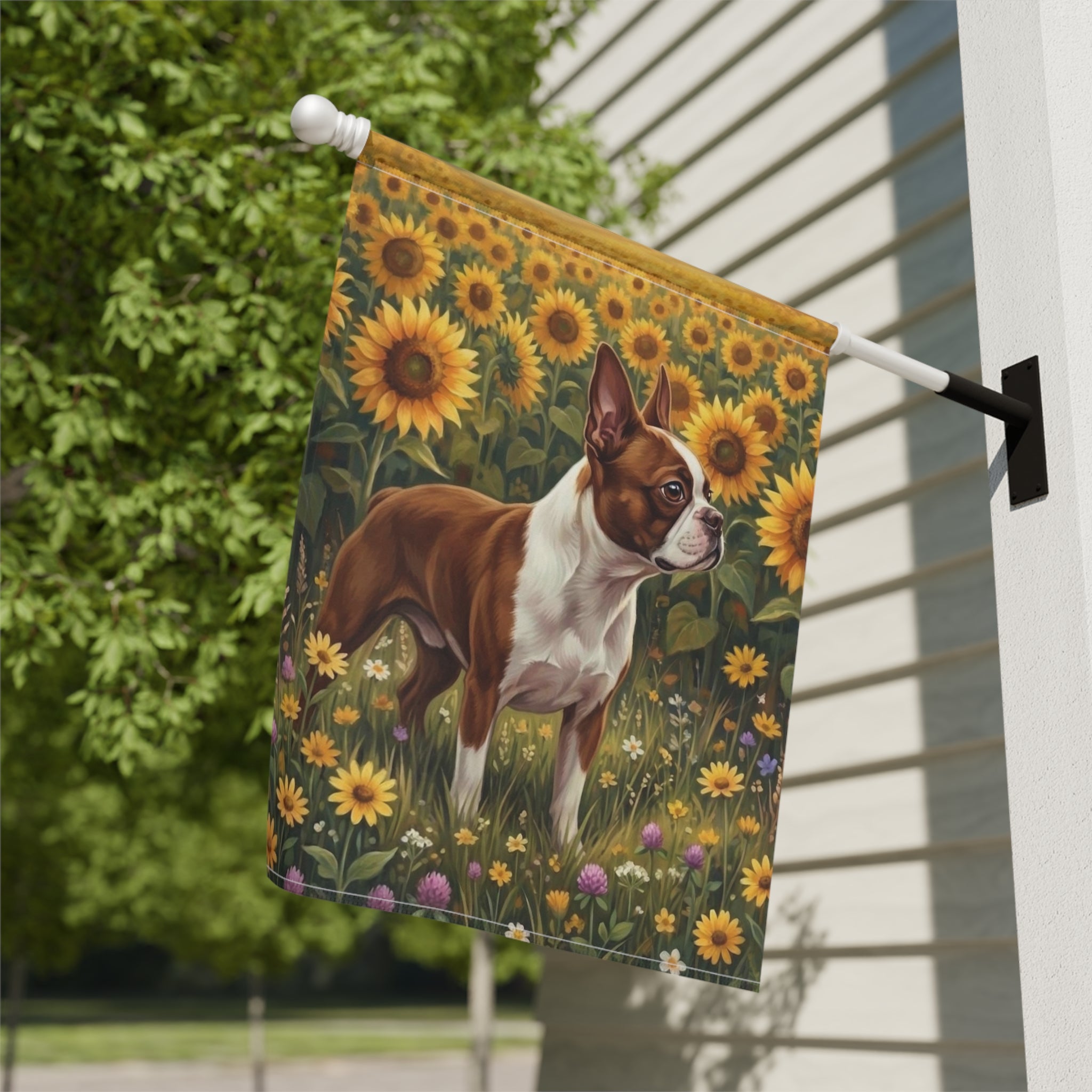 Sunflower Field Red Boston Terrier Garden Flag
