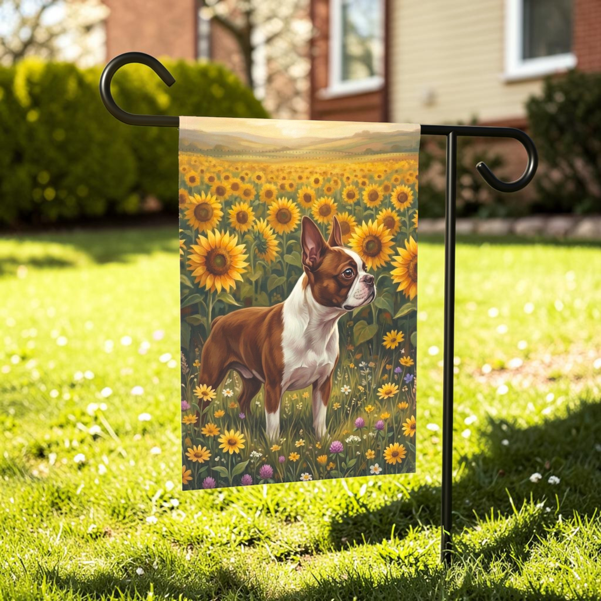 Sunflower Field Red Boston Terrier Garden Flag