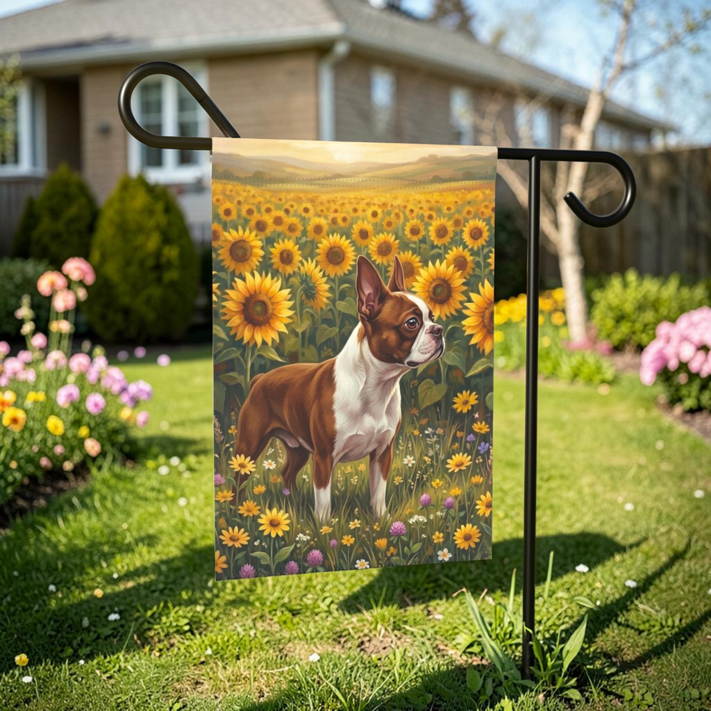 Sunflower Field Red Boston Terrier Garden Flag