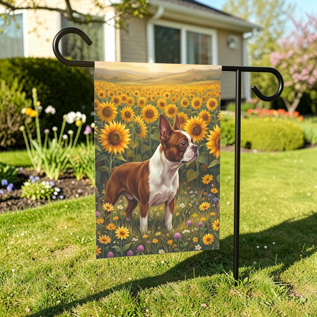 Sunflower Field Red Boston Terrier Garden Flag