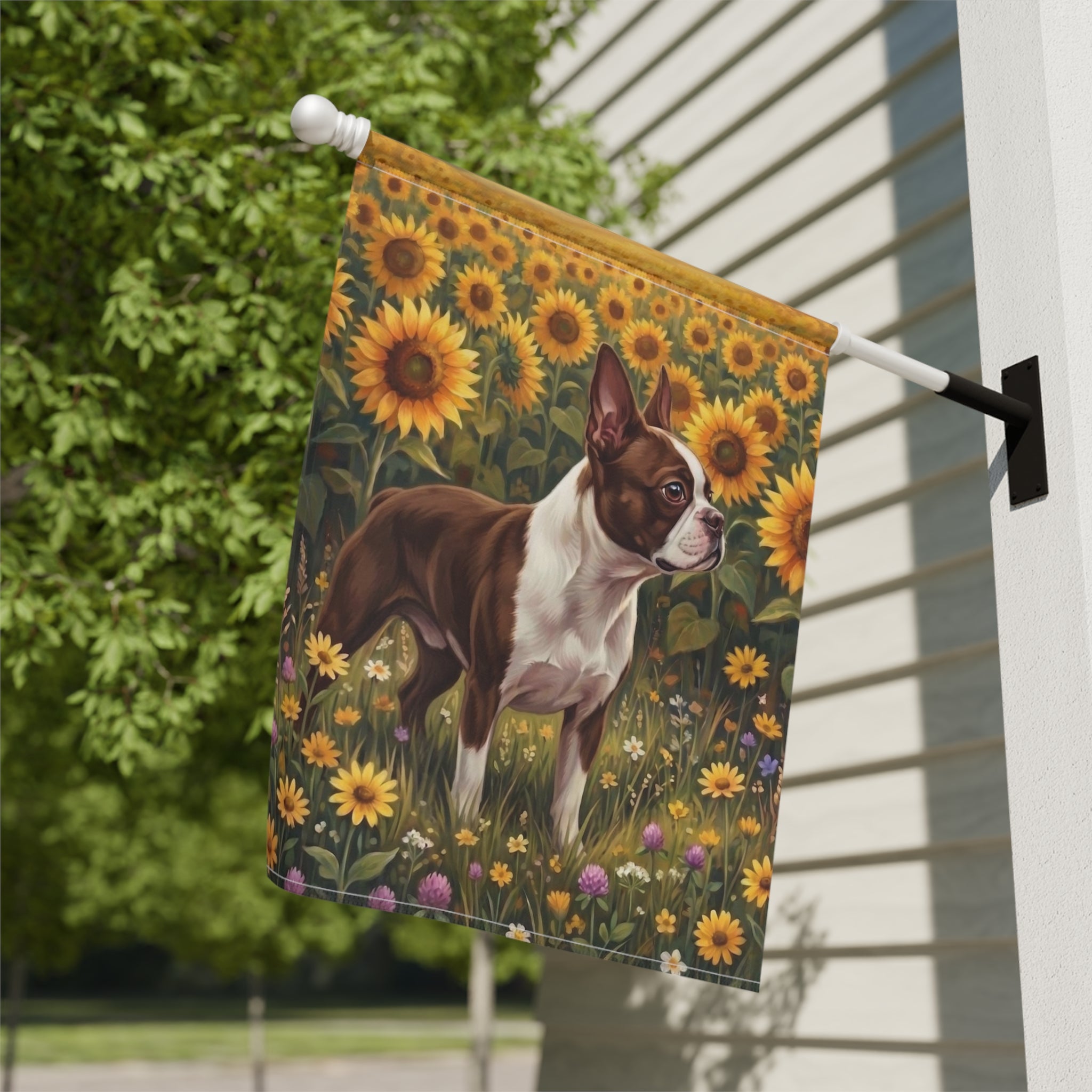 Sunflower Field Liver and White Boston Terrier Flag