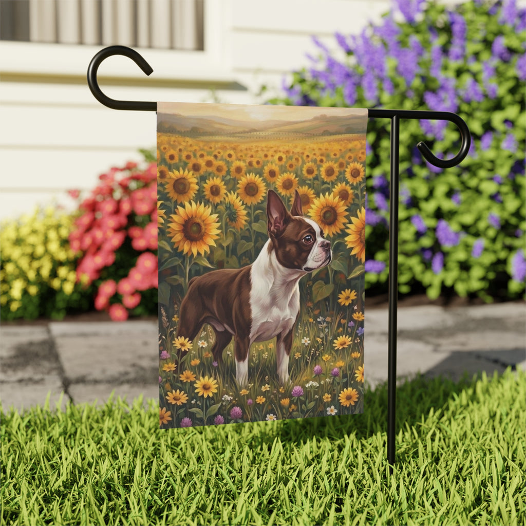 Sunflower Field Liver and White Boston Terrier Flag